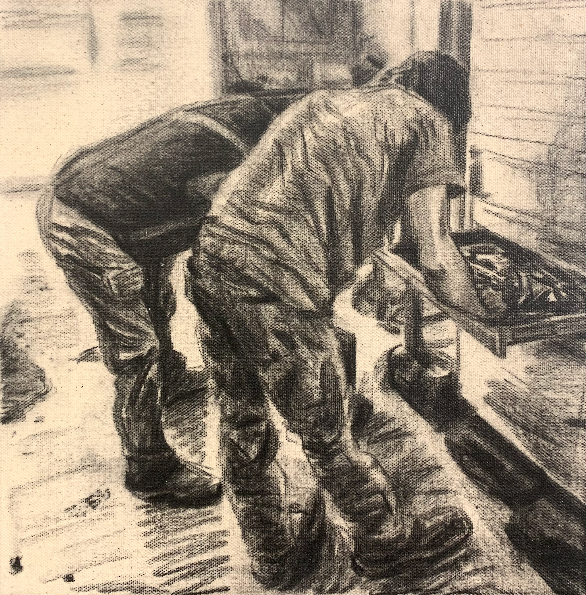 Missing Wrench, charcoal on canvas, 2025, 12x12"