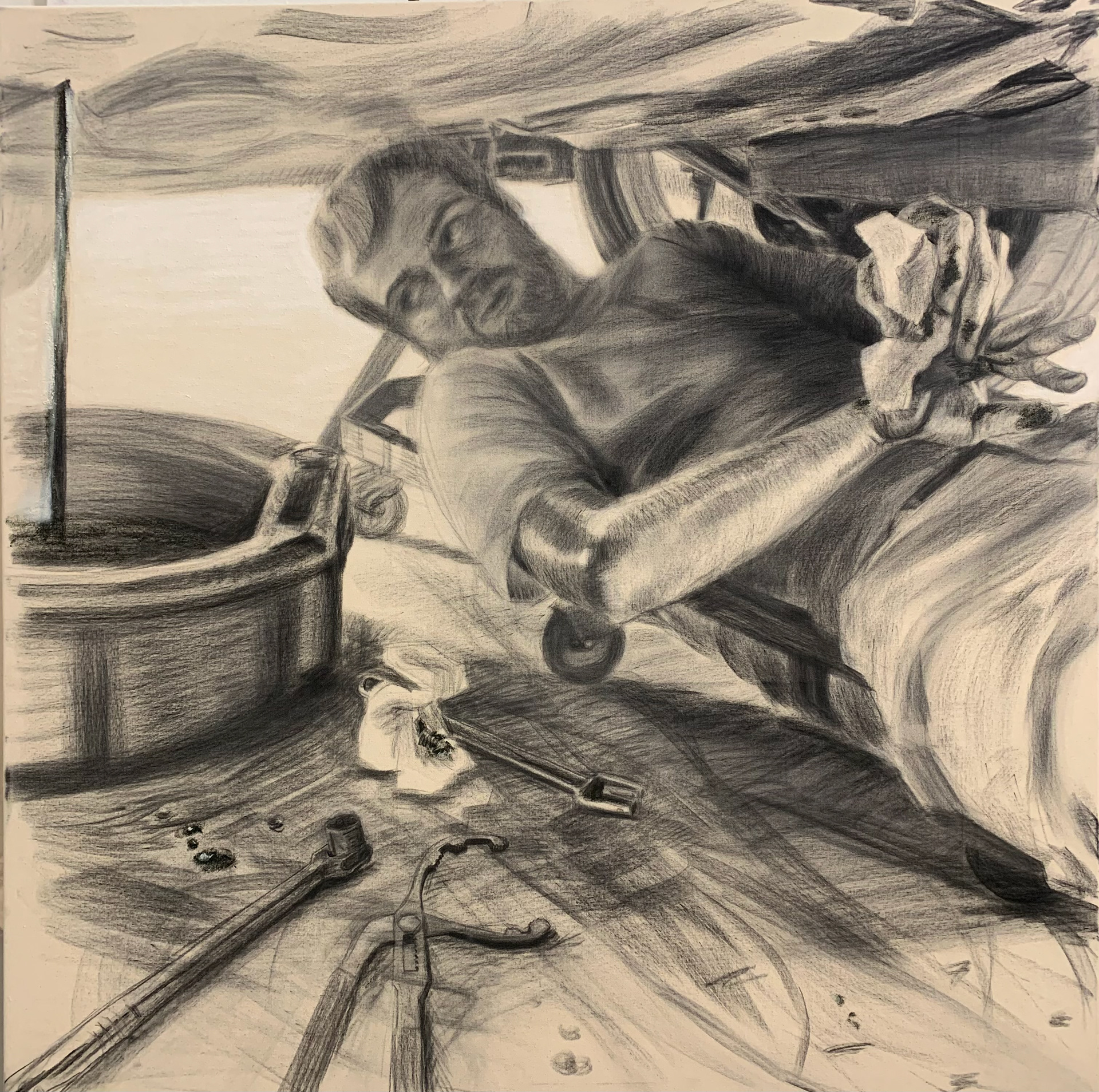 Oil Change, charcoal on raw canvas, 2025, 48x48"