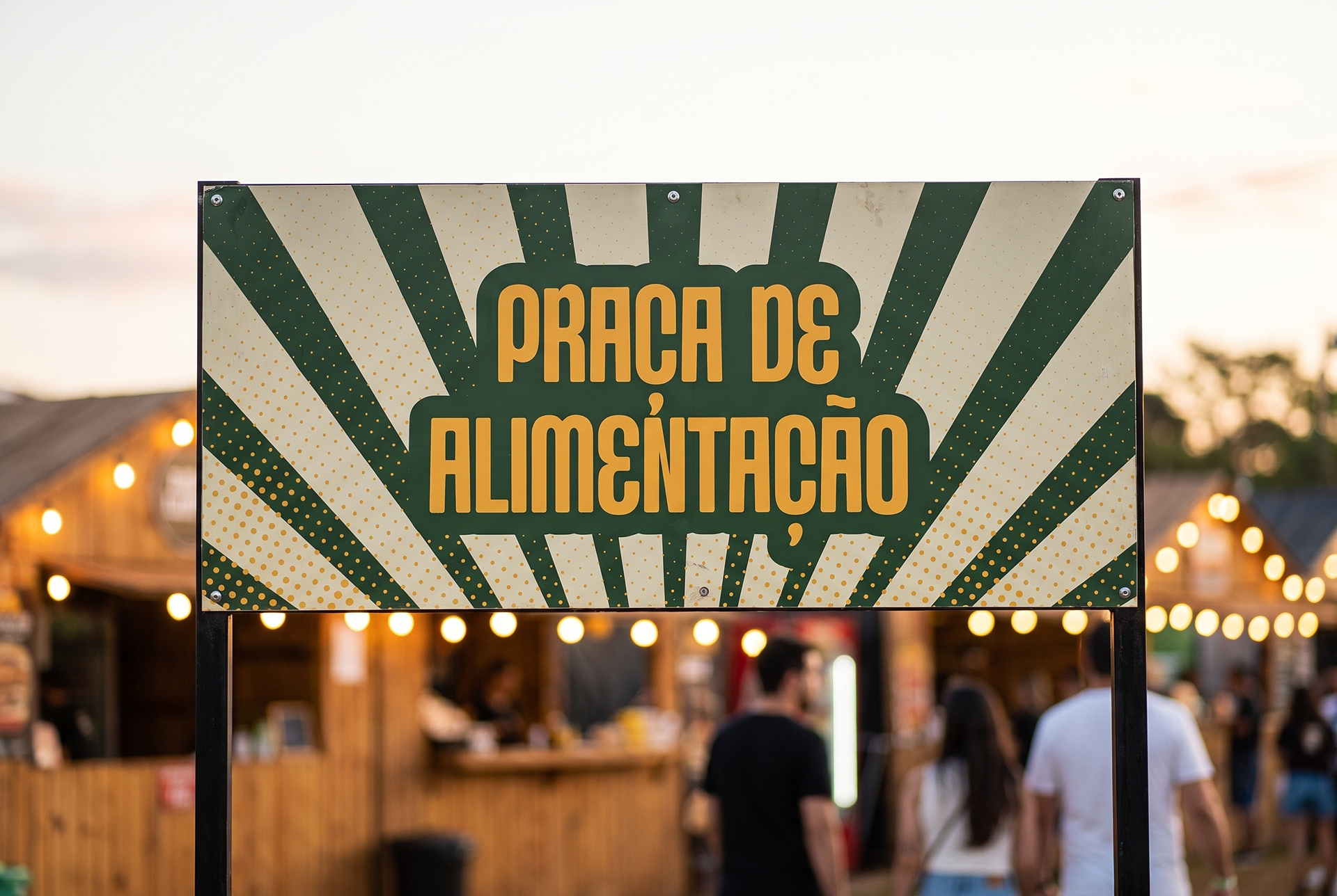 Food court wayfinding sign mockup featuring the green and yellow Pé na Areia identity.