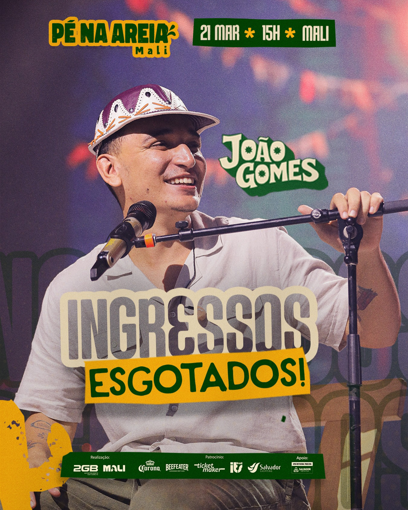 Sold-out announcement for Pé na Areia with João Gomes, using the edition’s green and yellow identity.