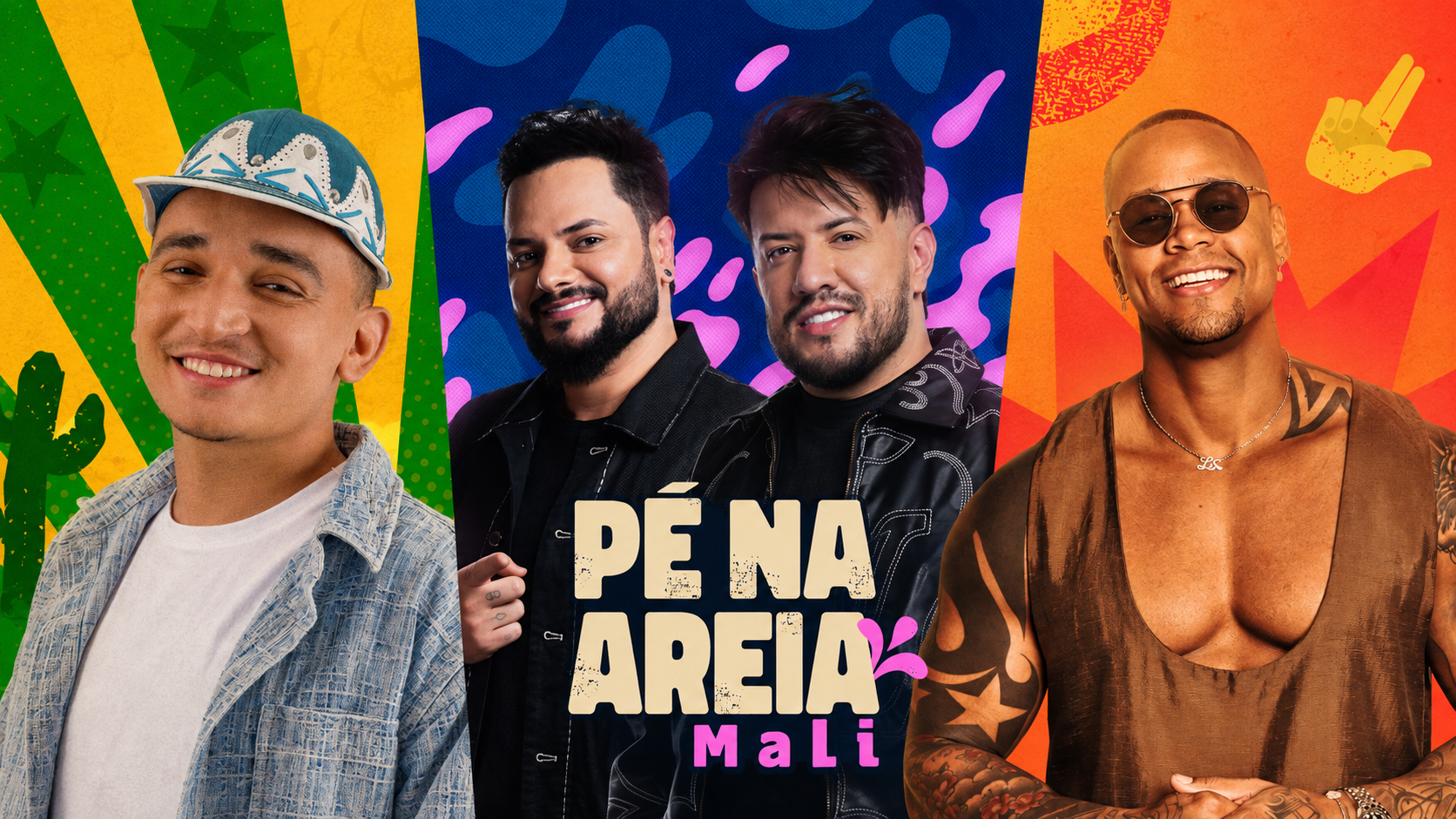 Pé na Areia key visual collage featuring João Gomes, Diego & Victor Hugo and Léo Santana, with the event logo at the center.