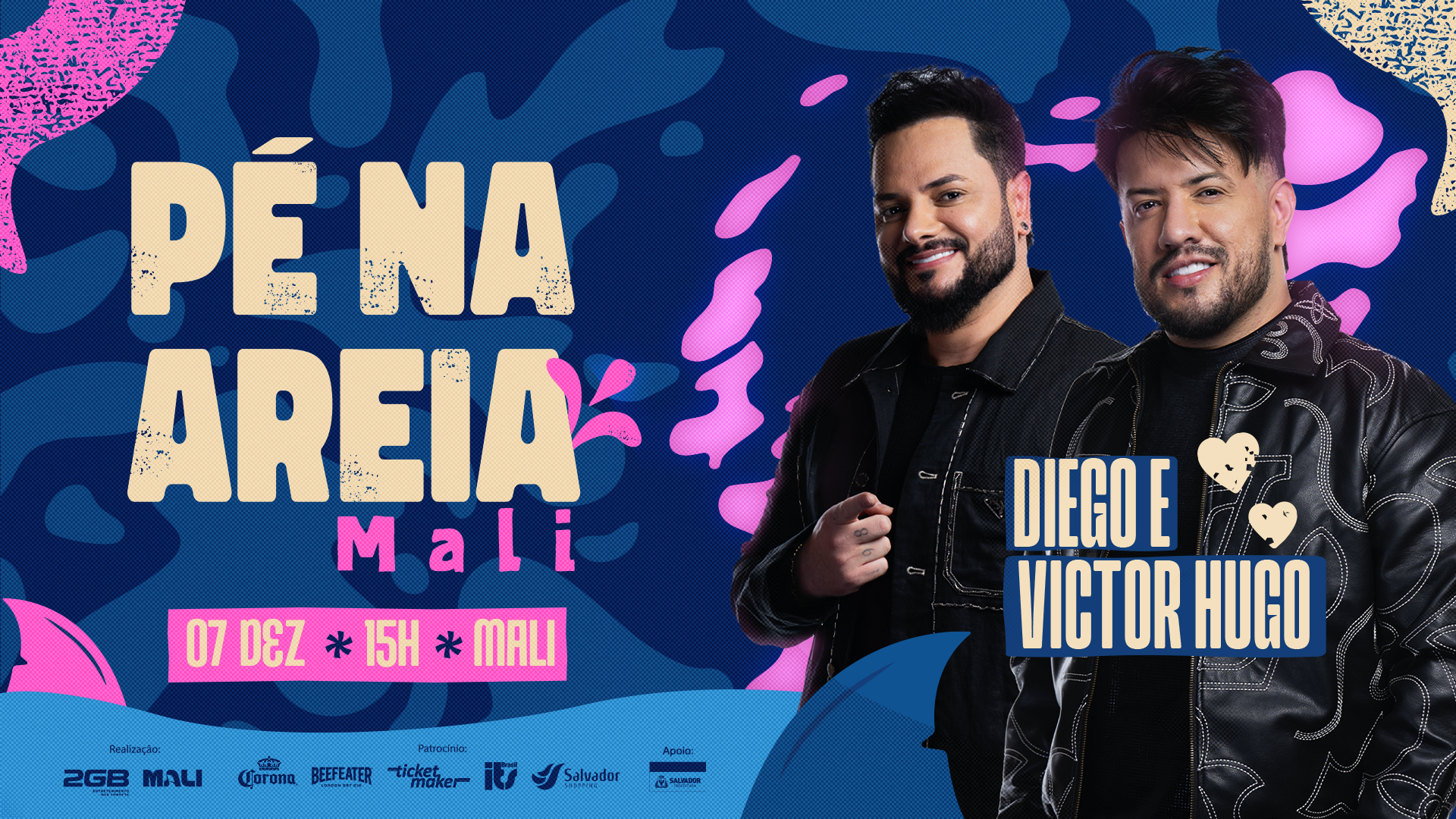 Pé na Areia key visual featuring Diego & Victor Hugo in the edition’s blue and pink identity.
