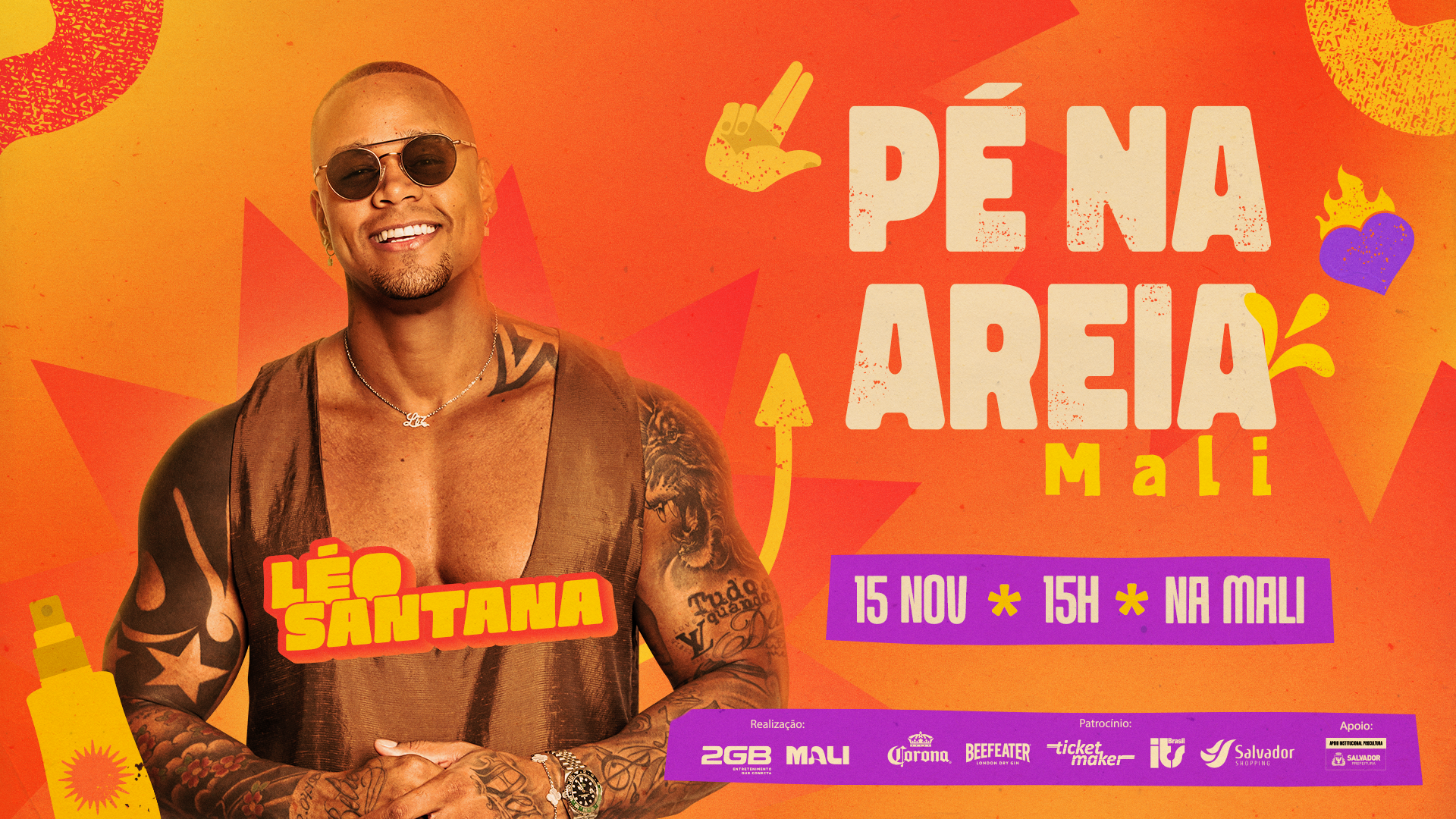 Pé na Areia key visual featuring Léo Santana in the edition’s orange and purple identity.