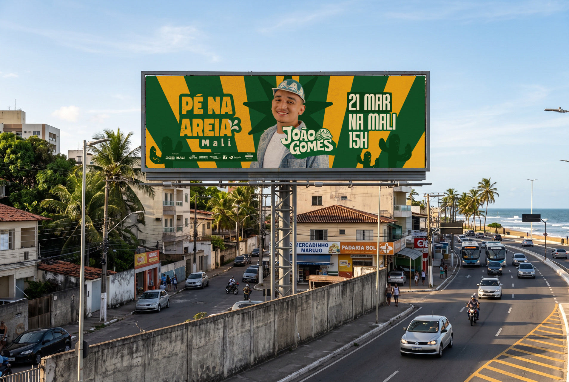 Outdoor billboard mockup featuring the Pé na Areia campaign with João Gomes.
