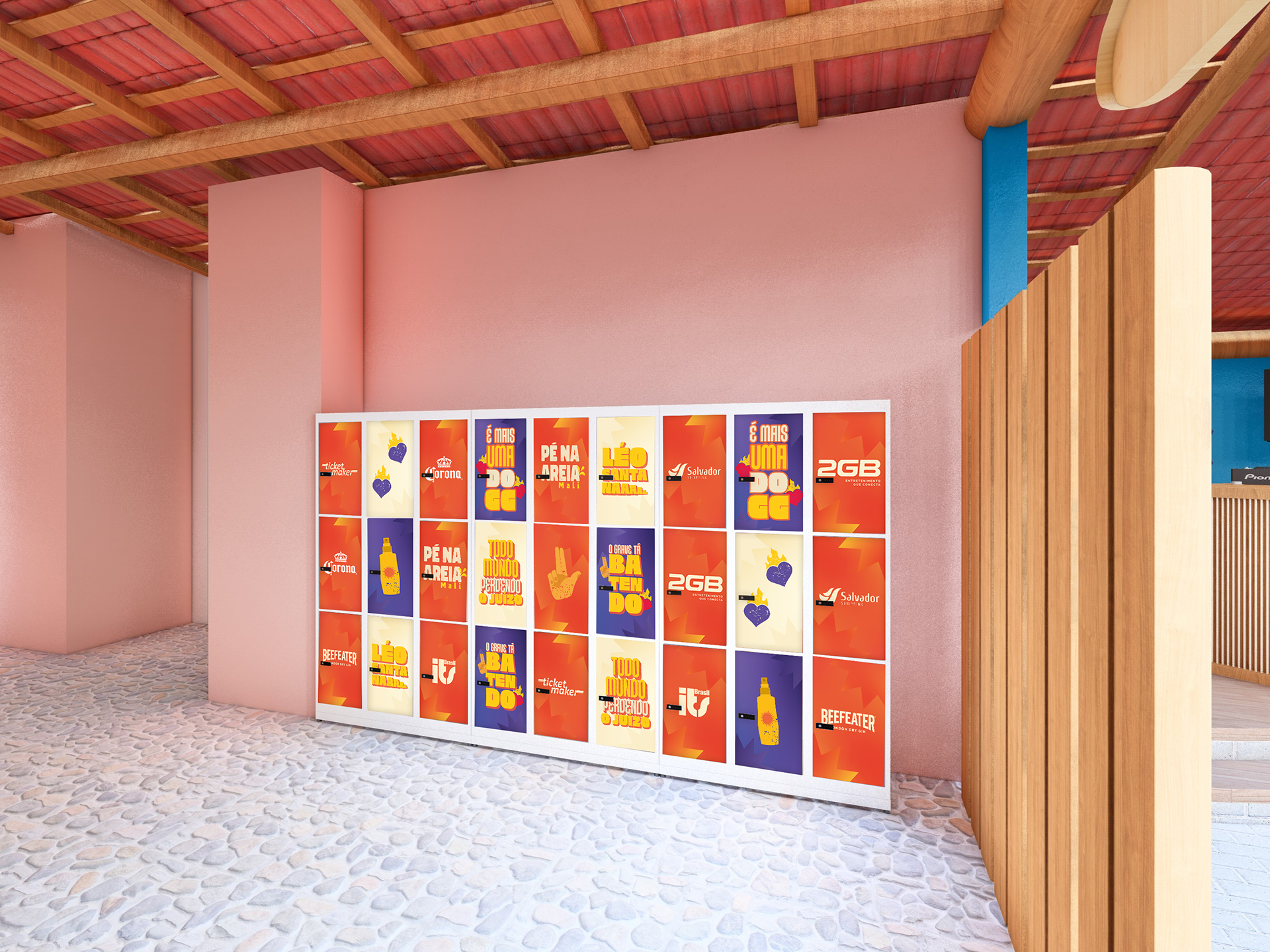 Mockup de armários com a identidade visual do Pé na Areia com Léo Santana aplicada em um ambiente de evento.