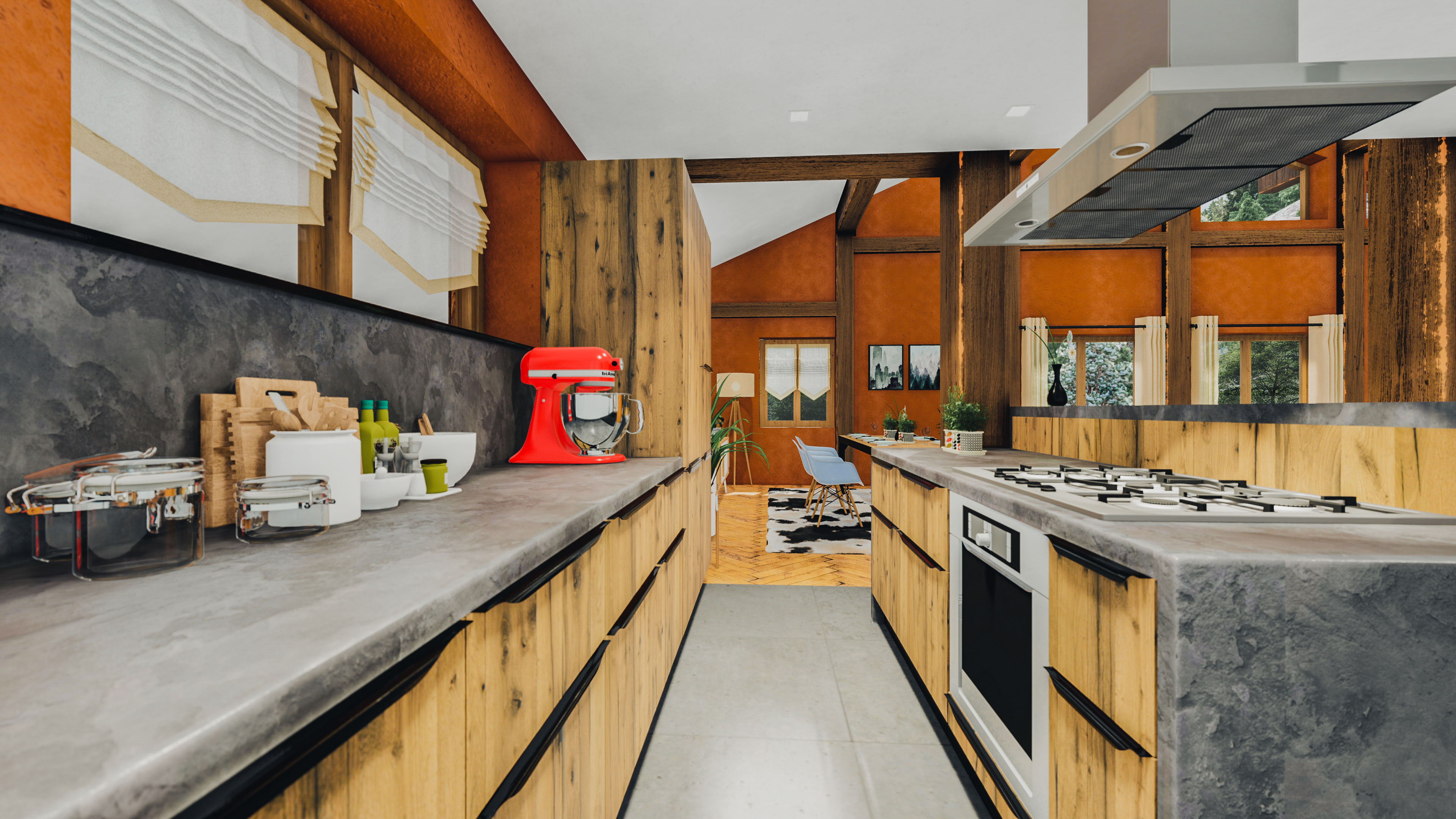 Cuisine américaine en bois brulé et plan de travail effet pierre de lave