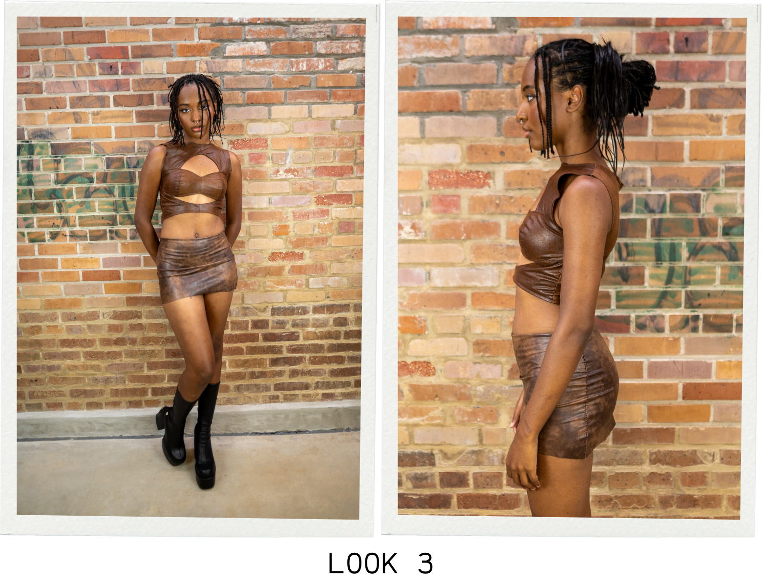 Look 3 features a top with cutouts and mini skirt. The top has built in cups. The skirt is made from a matching stretch leather.