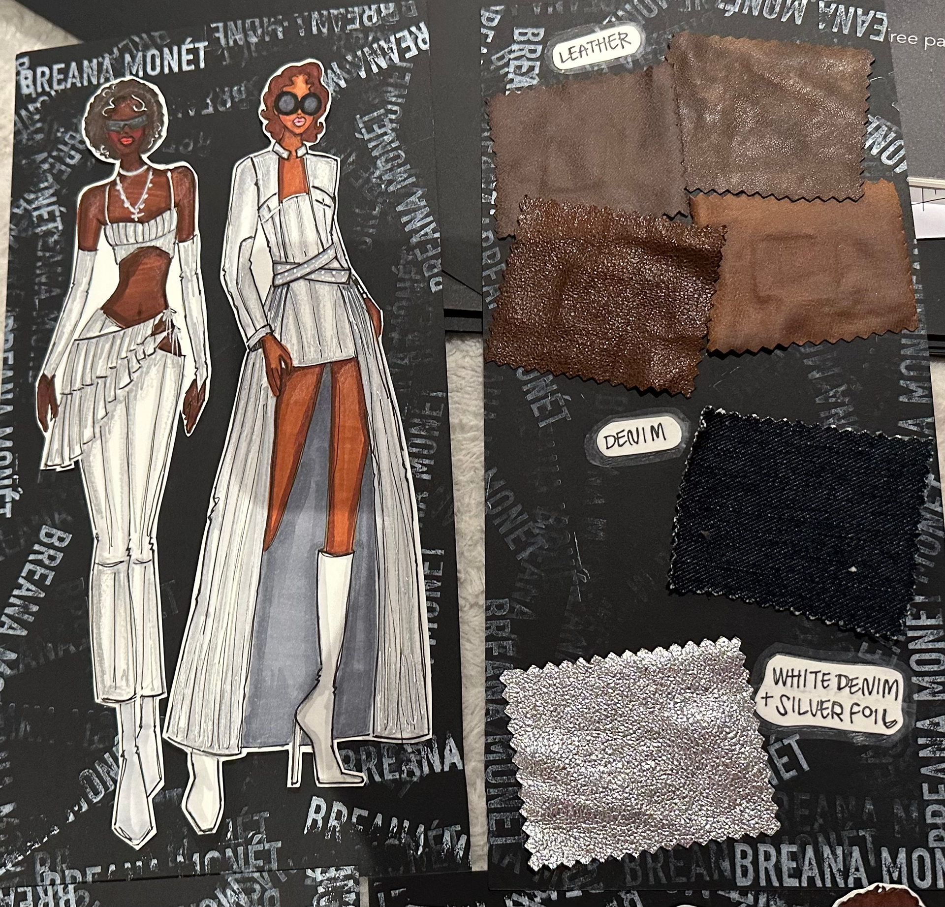 Hand Drawn Images of Silver Foiled Denim & Fabric Options
