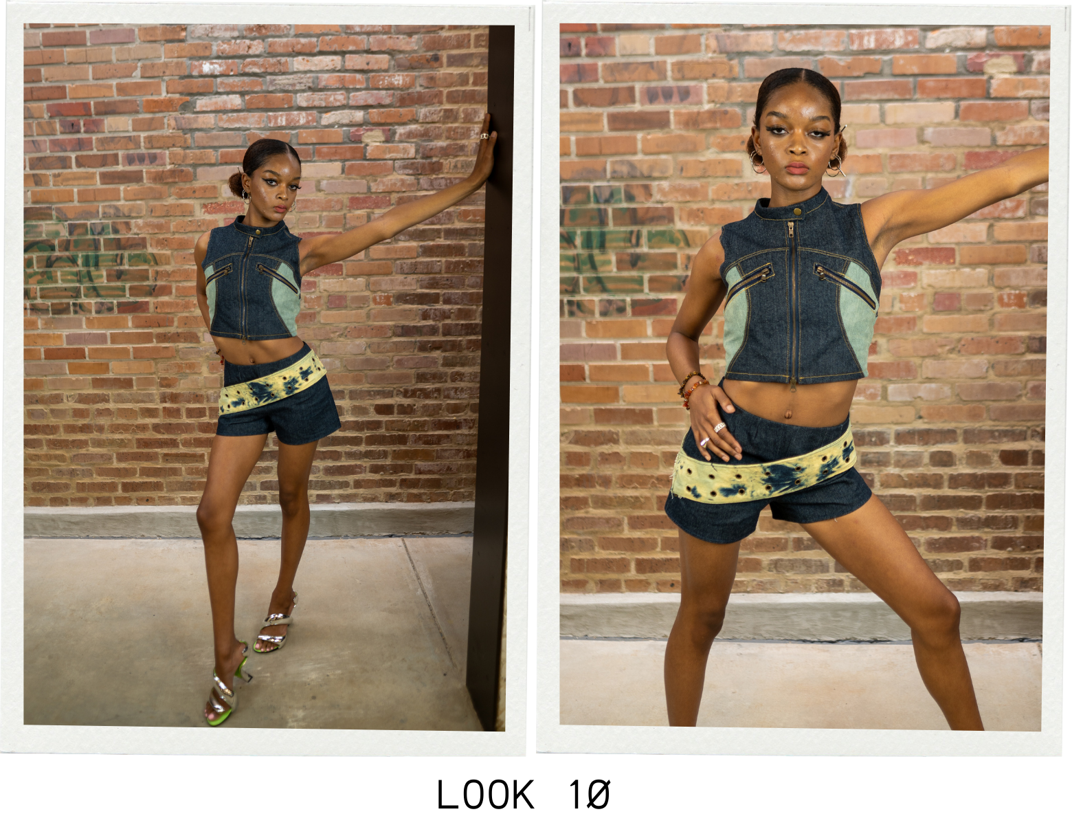 Look 9 features a vest, shorts, and matching grommet belt. The vest features a two way zip. The belt was made using a tie dye bleaching technique and grommets were added as a design detail.