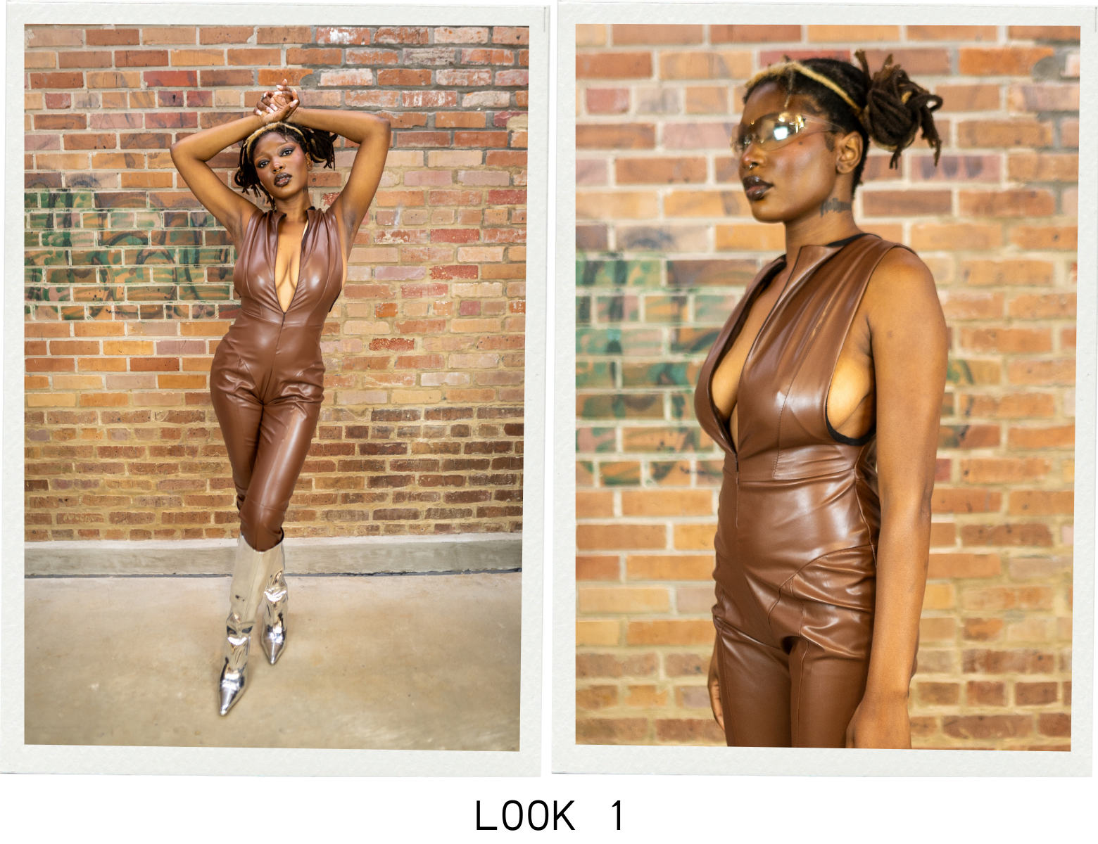 Look 1 features a leather jumpsuit that can be worn with the zipper to the front or back. It has seems to accentuate the natural curves of the body. It features a low armhole.