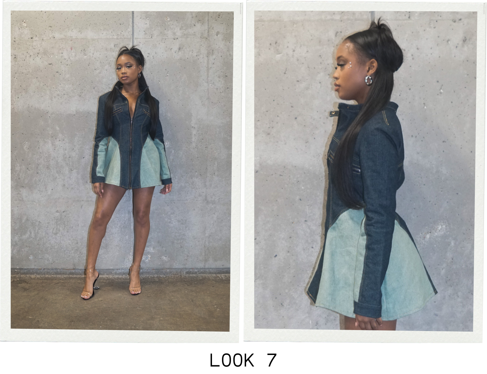 Look 7 is an A-line dress. The lighter panels were achieved through bleaching. The dress has a two way zip and dramatic flare.