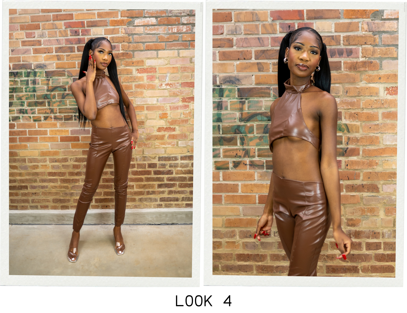 Look 4 is a halter top and pants. The top and pants both have asymmetrical hems that can be attached to give the illusion of a jumpsuit.