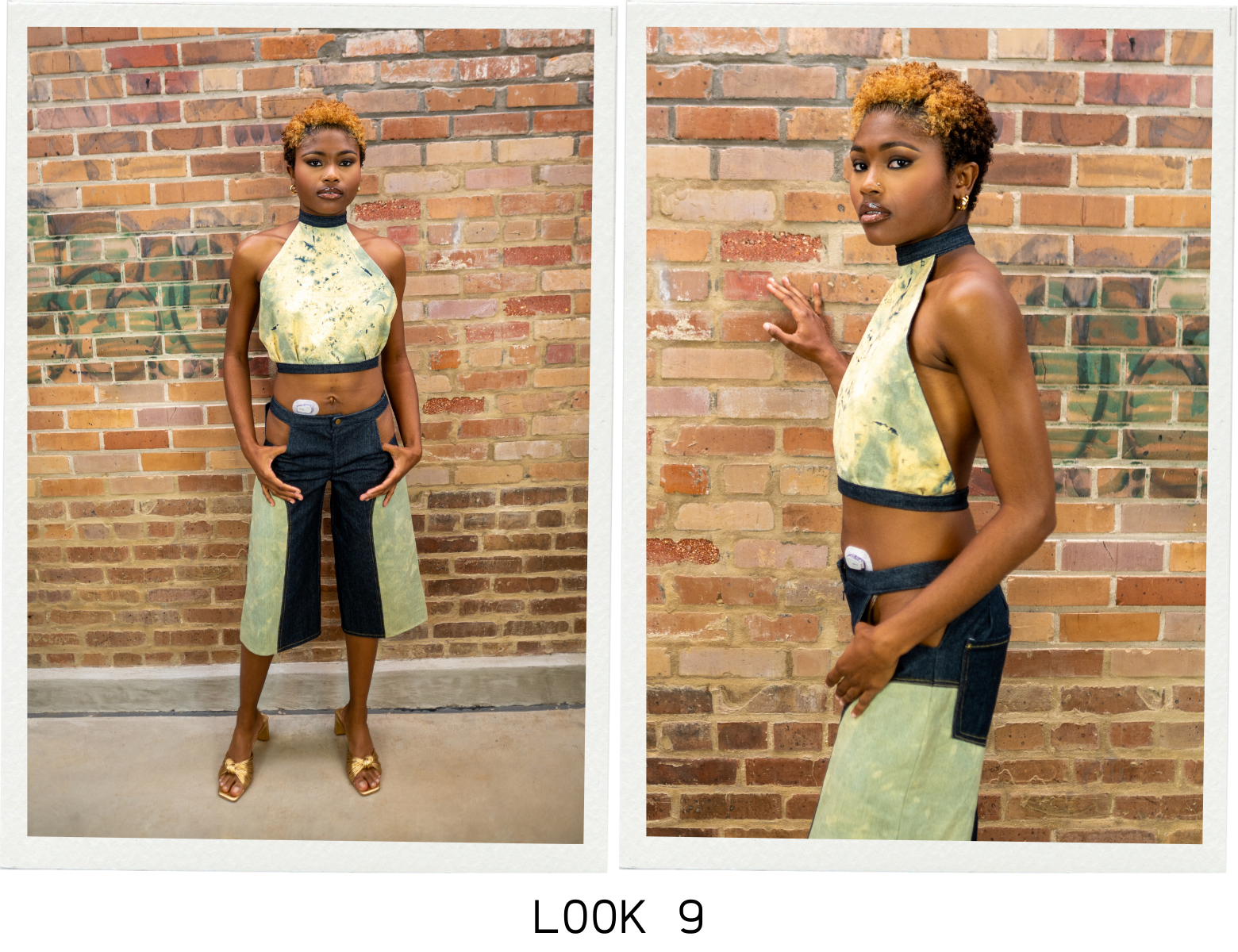 Look 9 features a halter top and shorts. The halter color was achieved using a tie dye bleach method. The shorts were designed after "jorts" with a more feminine twist. They feature bleached panels and a cutout at the hip instead of a pocket.