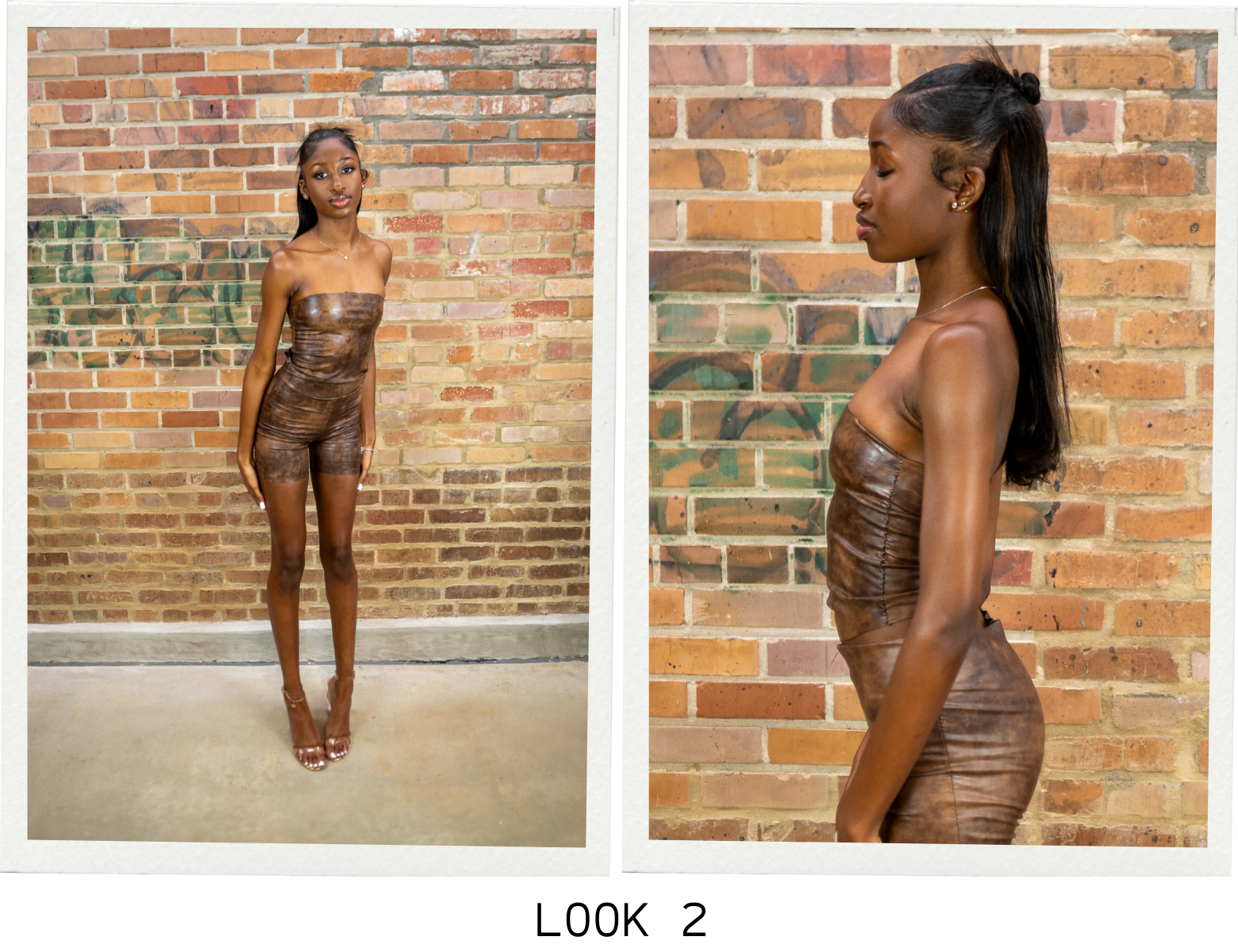 Look 2 is a bandeau top with matching bike shorts. The strapless top features an asymmetrical hem. The shorts have a low rise and mini length.