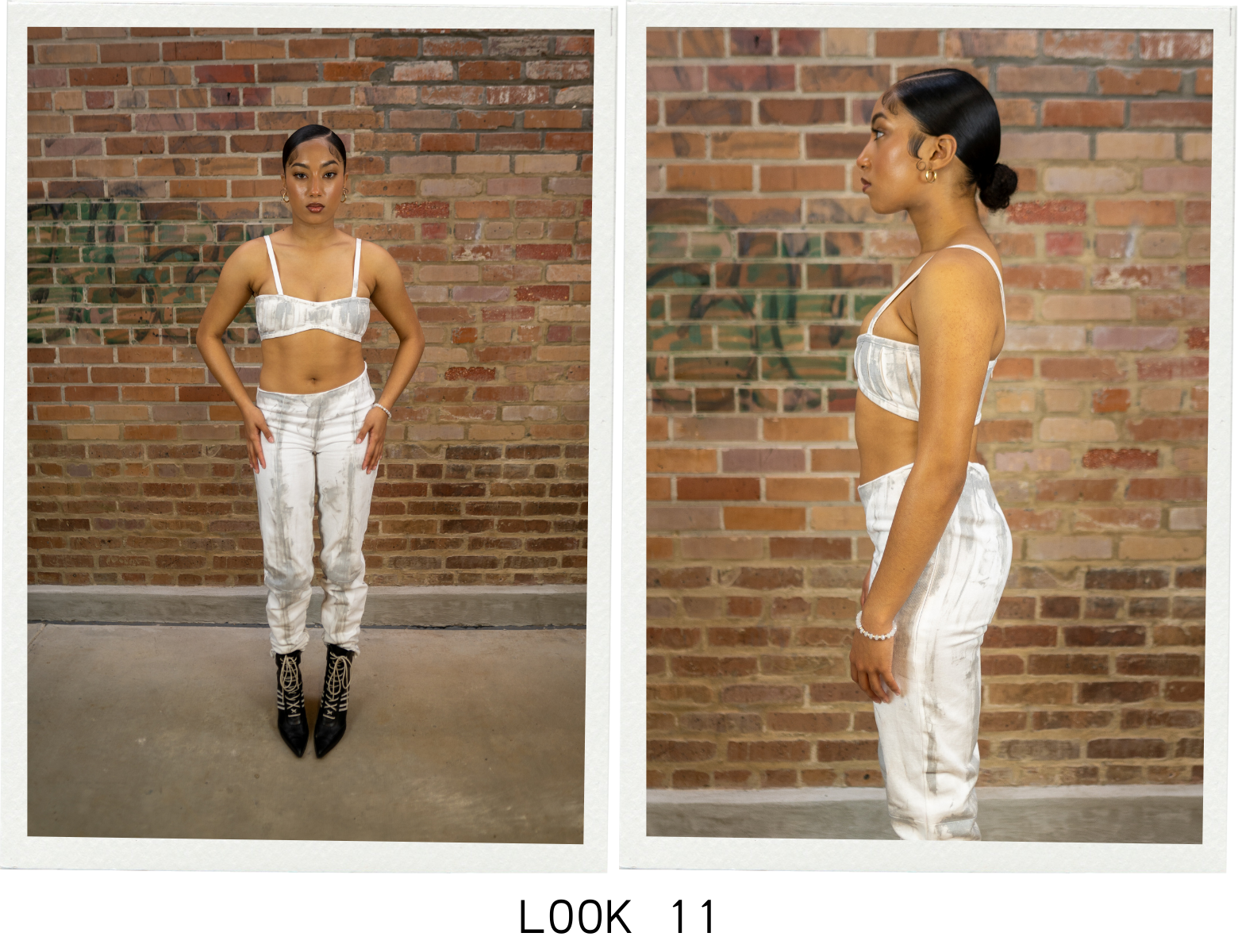 Look 11 is a bra with matching pants. The bra has pleated detailing. The pants have a asymmetrical hem and seam details. Both the top and pants feature hand painted silver detailing.