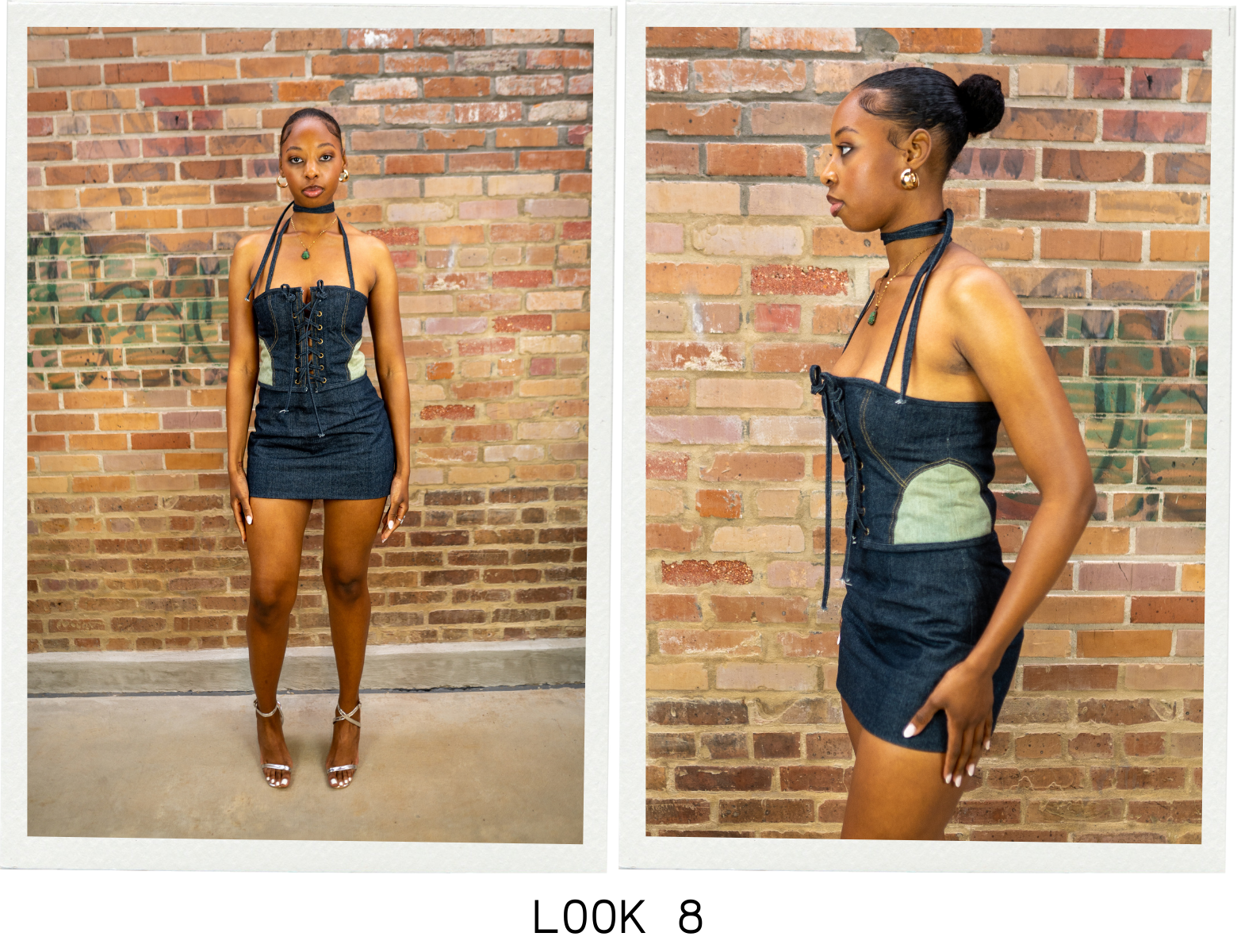 Look 8 features a corset top and mini skirt. The corset laces up in the front and has a long lace detailing around the neck. The lighter panels were created through bleaching. The mini skirt is fitted.