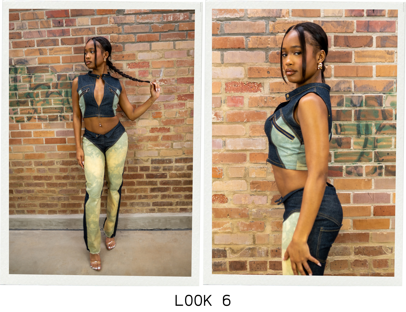 Look 6 is a vest with jeans. The lighter panel was achieved by bleaching the original denim. The vest has a two way zip, and the denim has a fold over waistband.