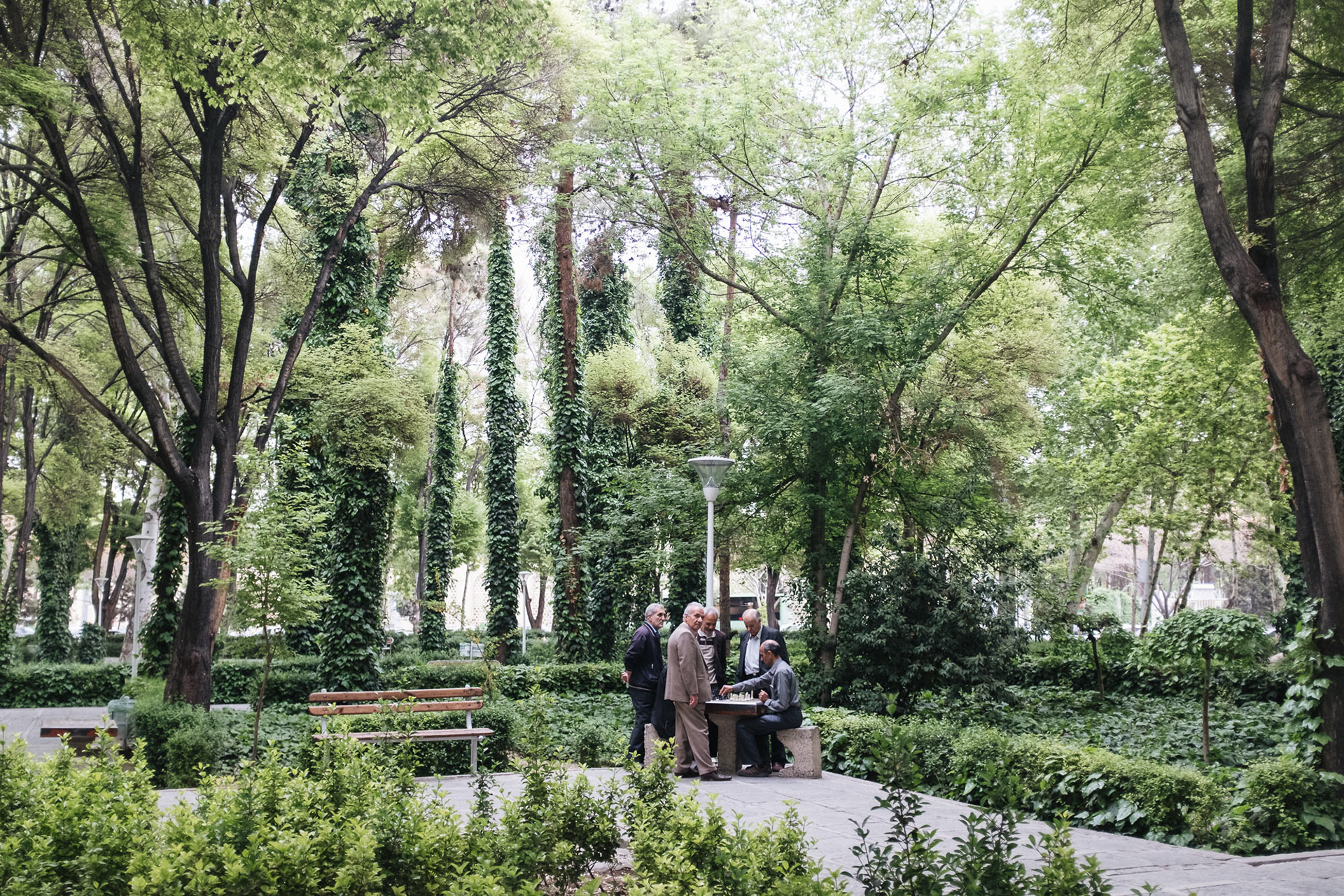 šachy v parku - Esfahán má spoustu nádhernejch parků. Podle jednoho místňáka studujícího urbanismus je v Esfahánu vyhláška, že na každého obyvatele města musí připadat 7m² zeleně