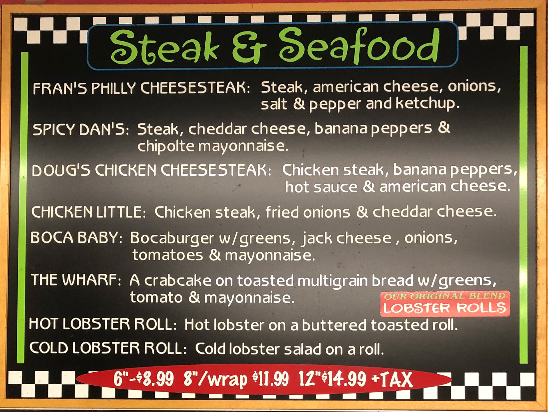 Menu view of steak and seafood options