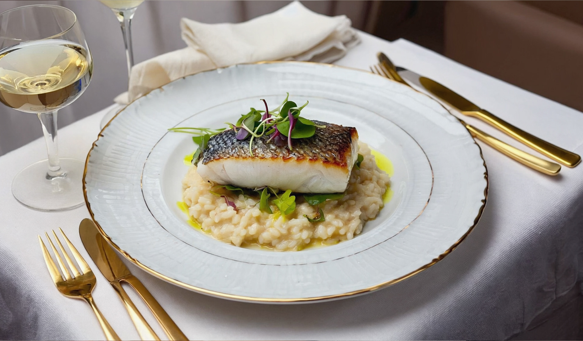 A beautifully plated gourmet meal on a tray in first class, white linens, gold utensils, wine glass beside it, soft ambient lighting, premium presentation, fine-dining in-flight experience, cinematic food photography style