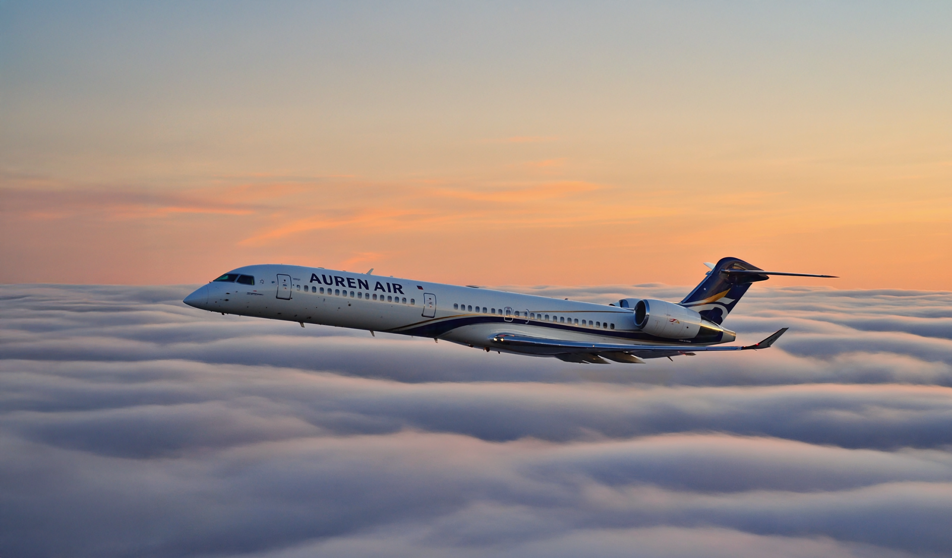 A luxury commercial airplane soaring above soft clouds at sunrise, golden sunlight illuminating the fuselage, calm atmosphere, cinematic wide shot, sleek modern aircraft design, serene skies, photorealistic, 35mm lens
