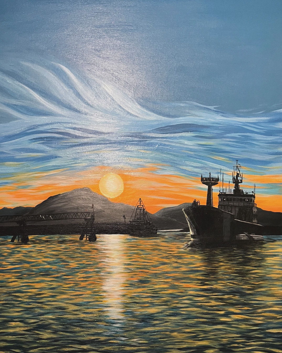 Deep Sea Fishing Boat Scene, 2022. 30” x 40” Acrylic on canvas.