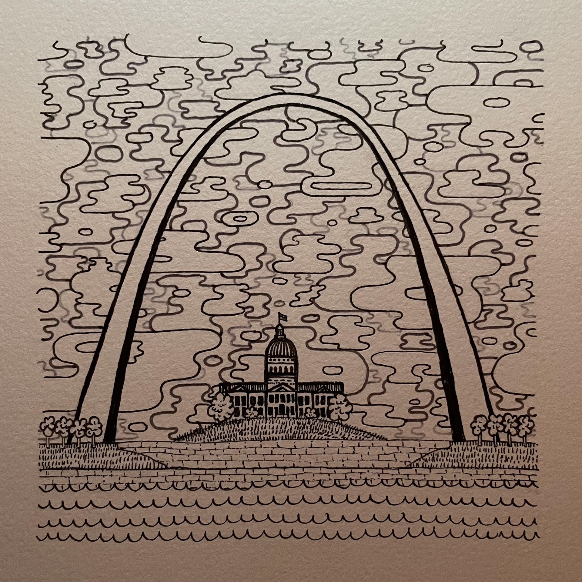 St. Louis Arch Scene, 2023. 4” x 4” Pen on paper.