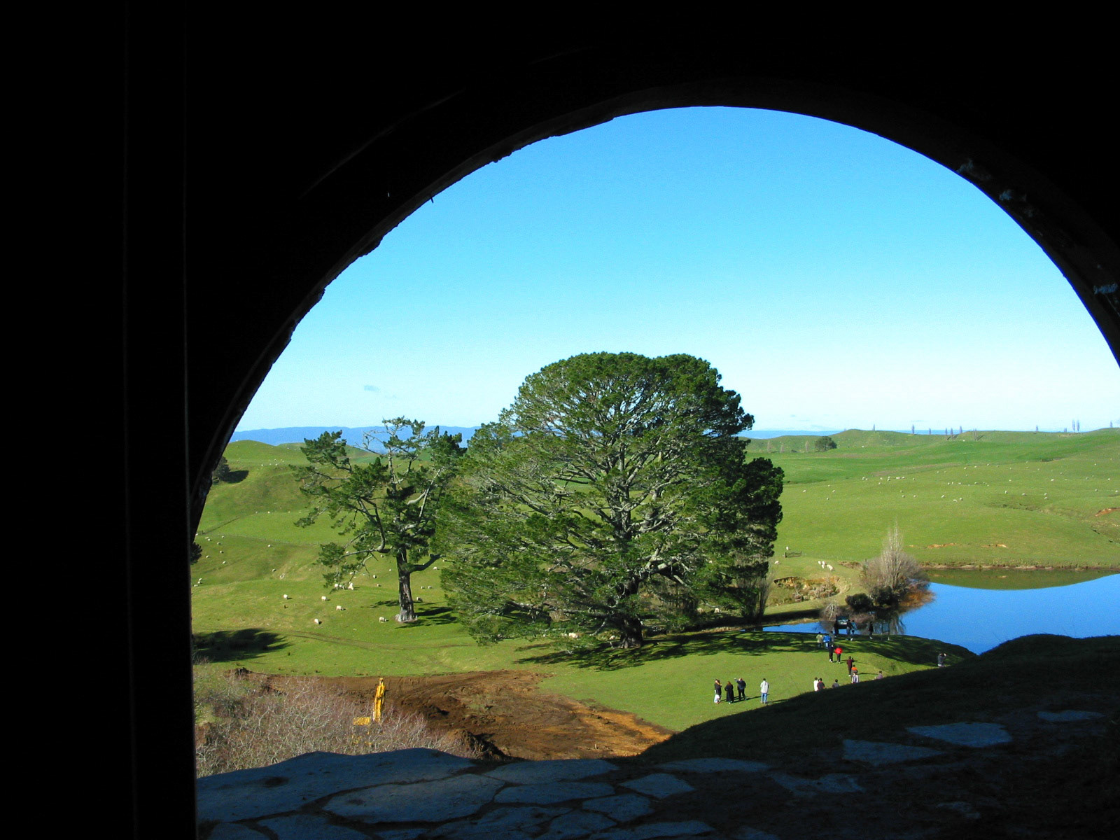 View of the lake and Party Tree through Bilbo's door