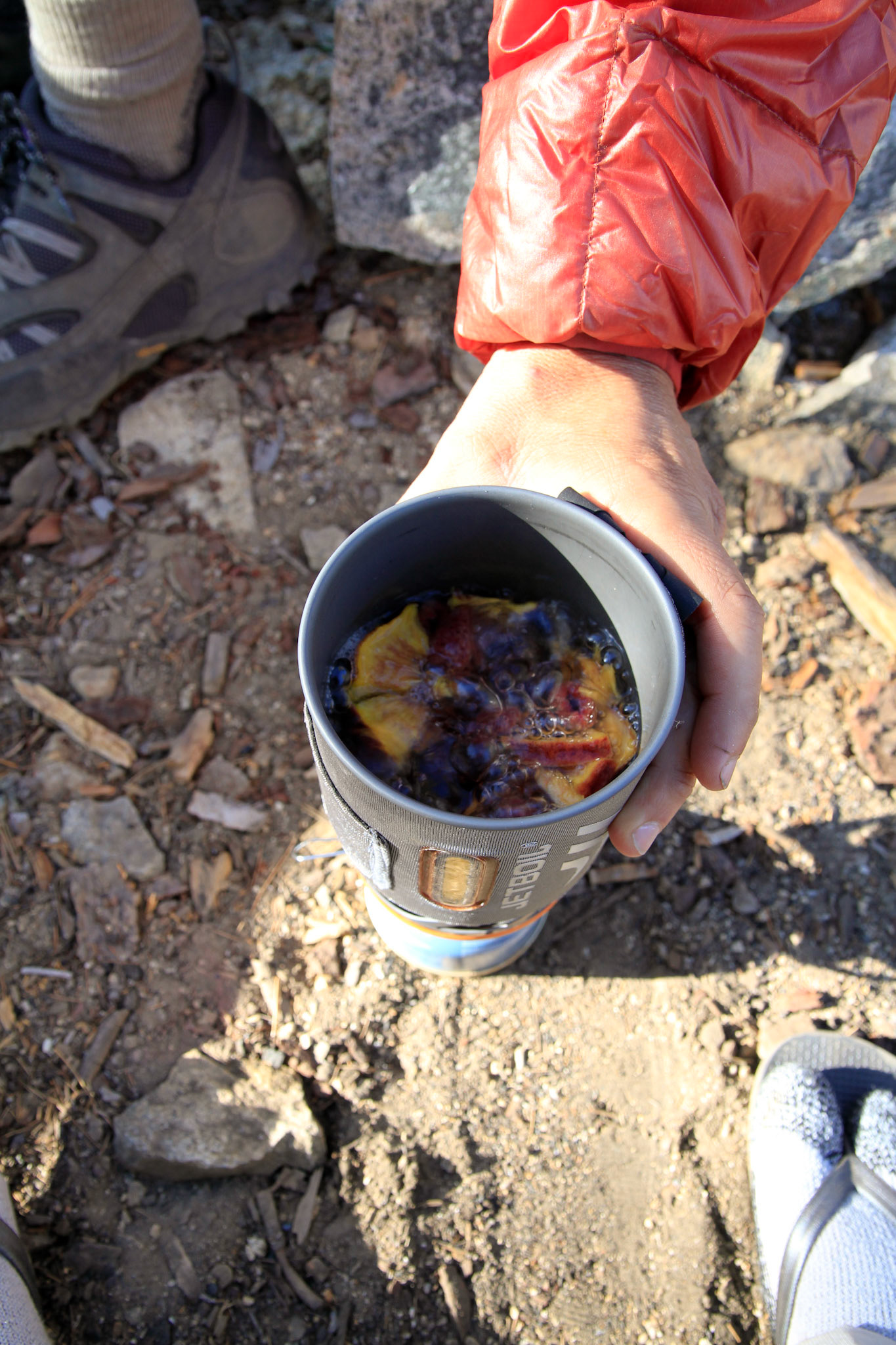 Rehydrating fruit in the Jetboil for the morning oatmeal