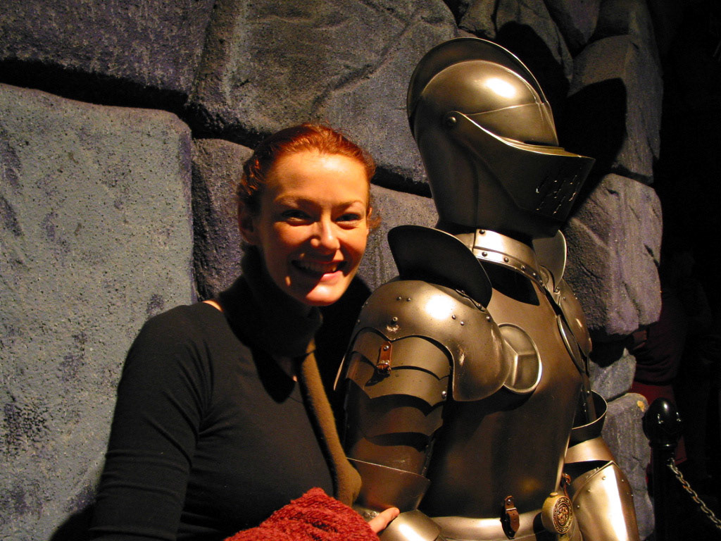 Becky and the knight in line at Scooby Doo's Scary Adventure Ride