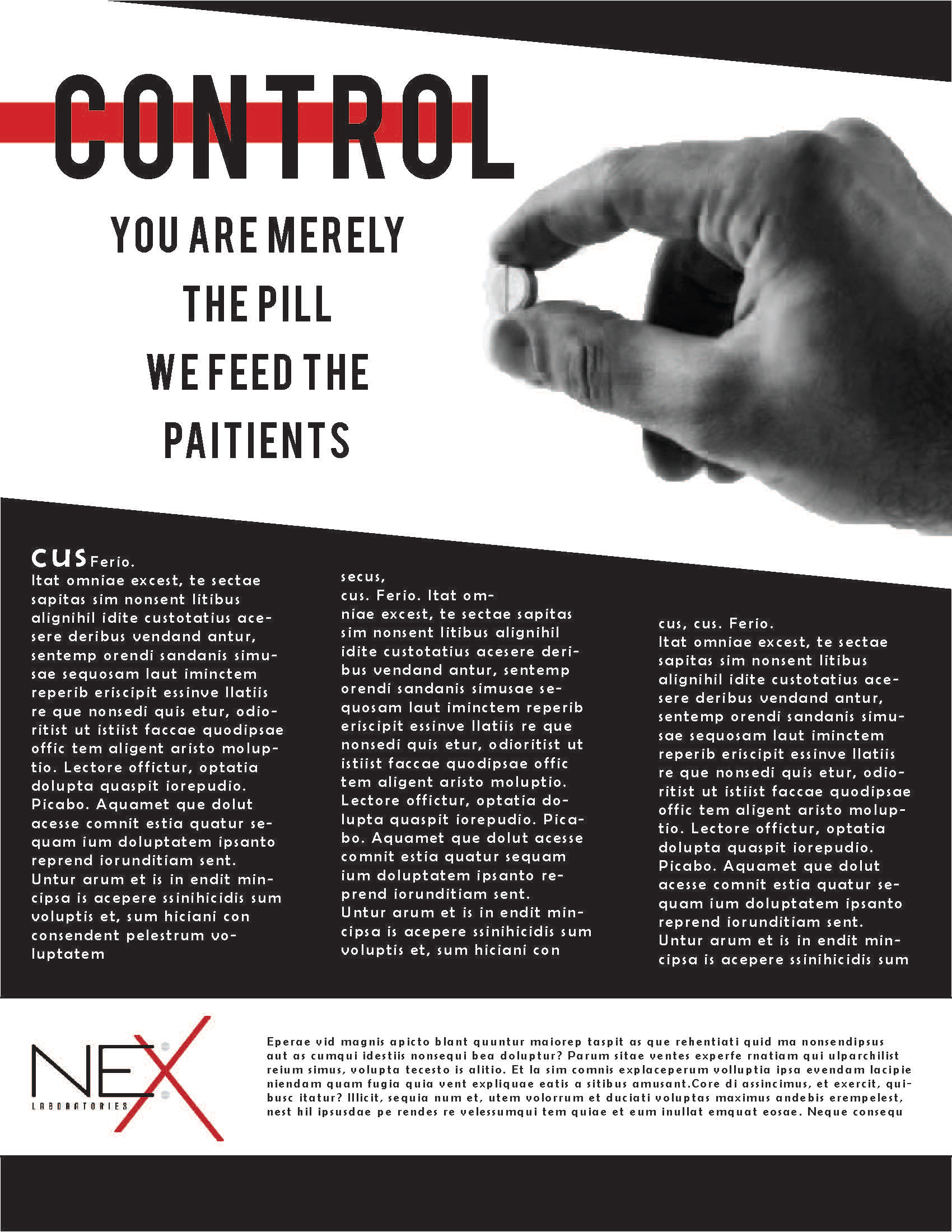 Fake flyers hung in Nex Labs break room to push the dystopian nature of this mysterious company.