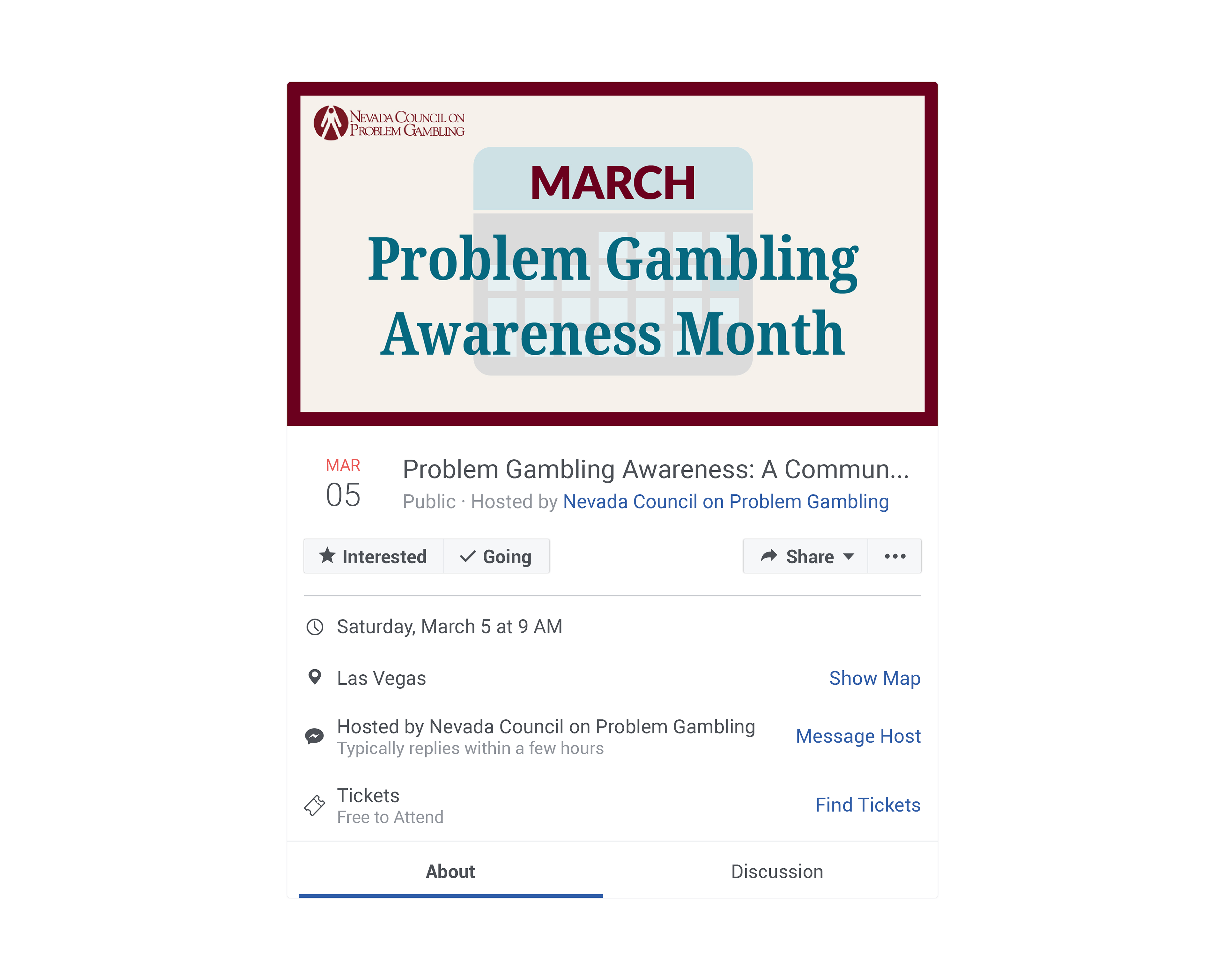 Facebook Event Mockup for a brand awareness campaign for the Nevada Council on Problem Gambling