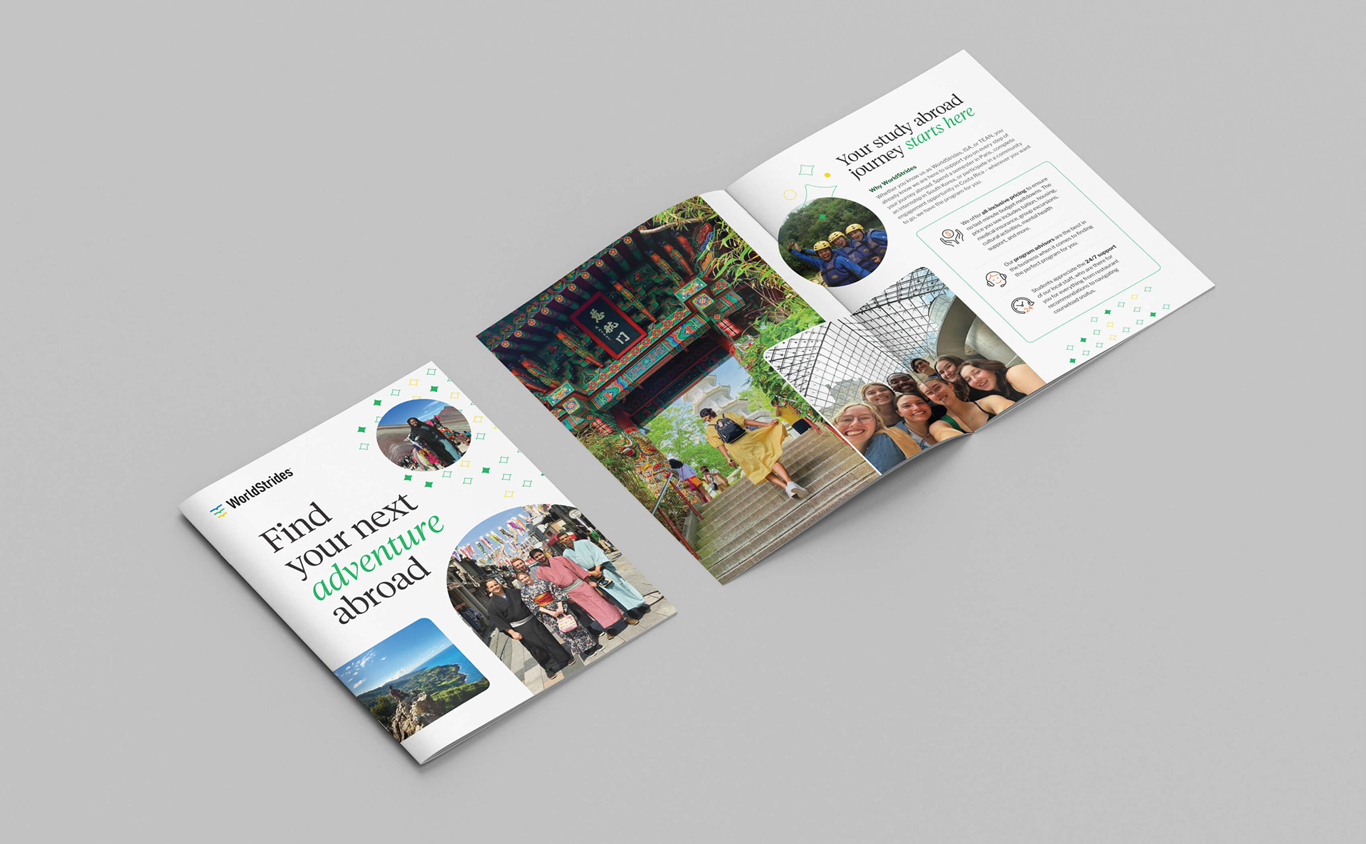 Booklet spread with photos and text highlighting study abroad programs