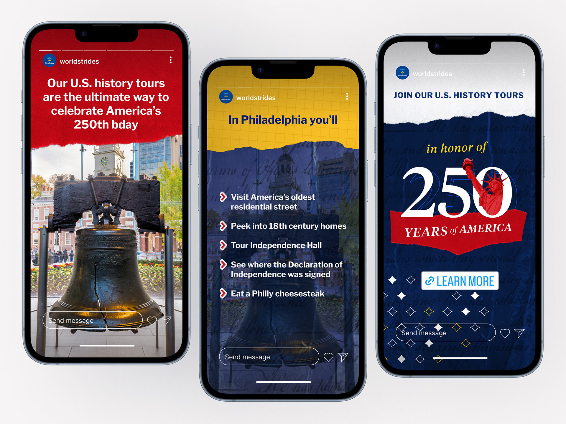 Three phones featuring screenshots of Instagram stories showing information about U.S. history tours in Philadelphia.
