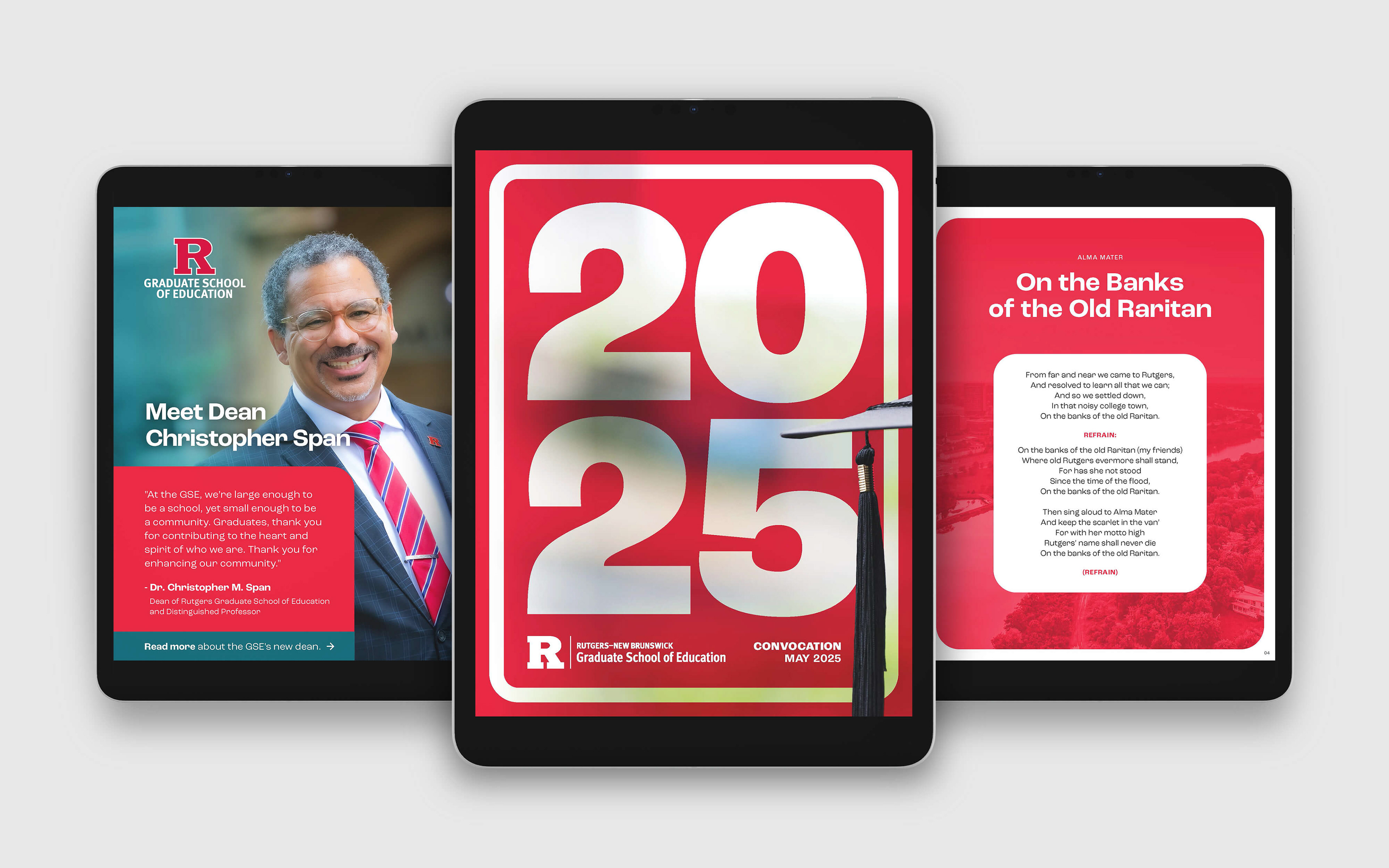 Three tablets showing screens from the Rutgers GSE Convocation Program