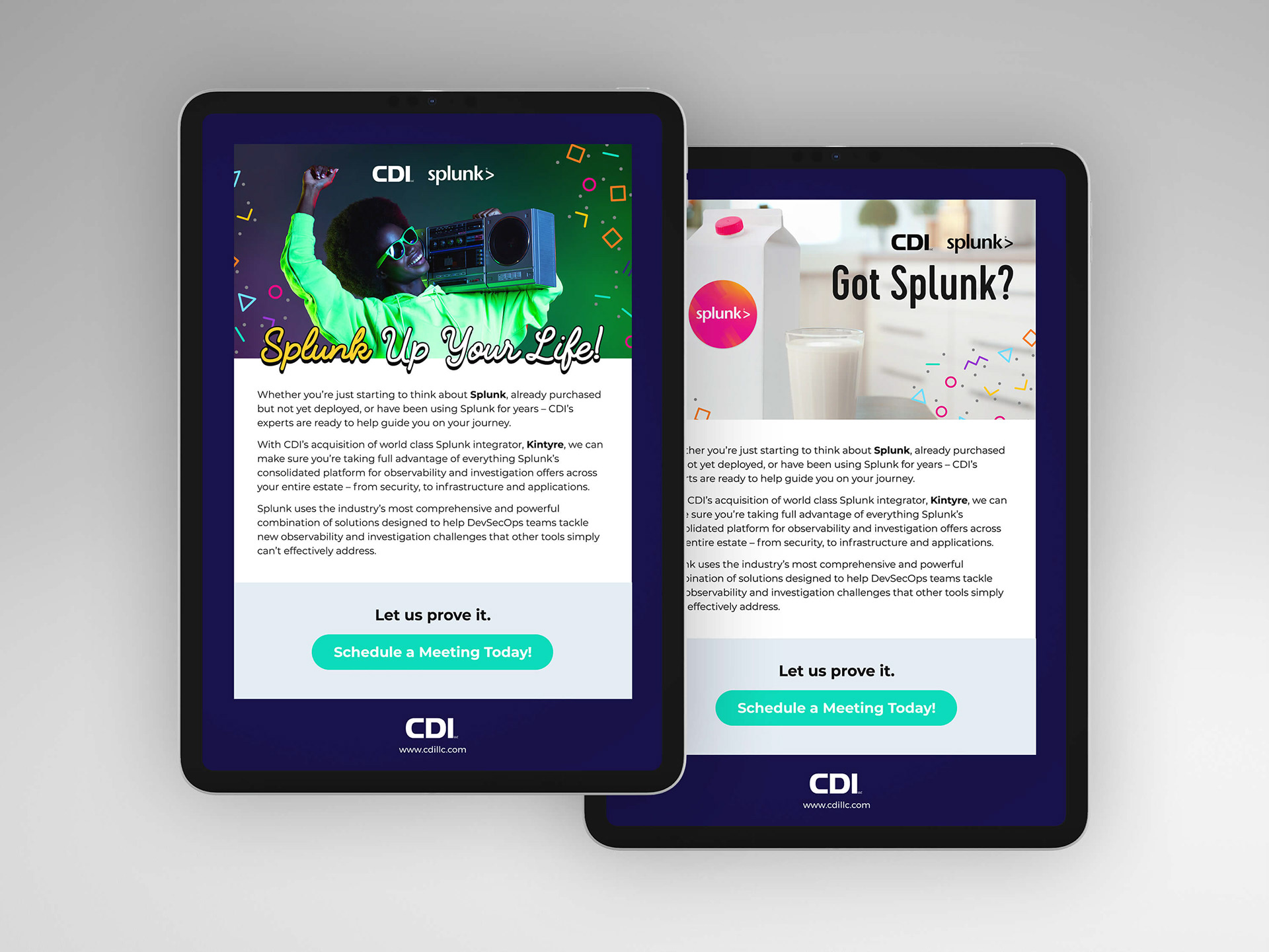 Two tablets showing screenshots of emails