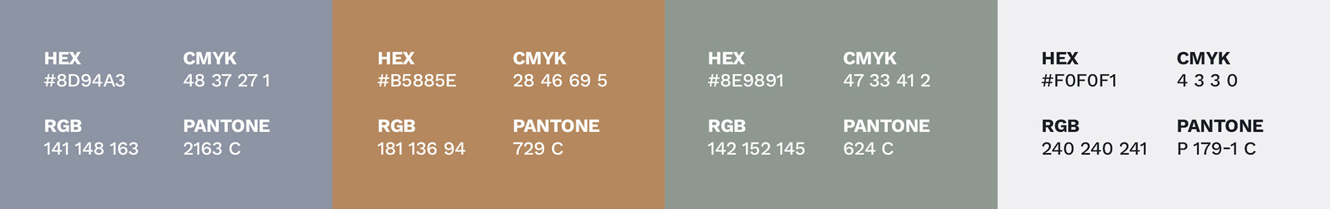 Color swatches with HEX, RGB, CMYK, and PANTONE values