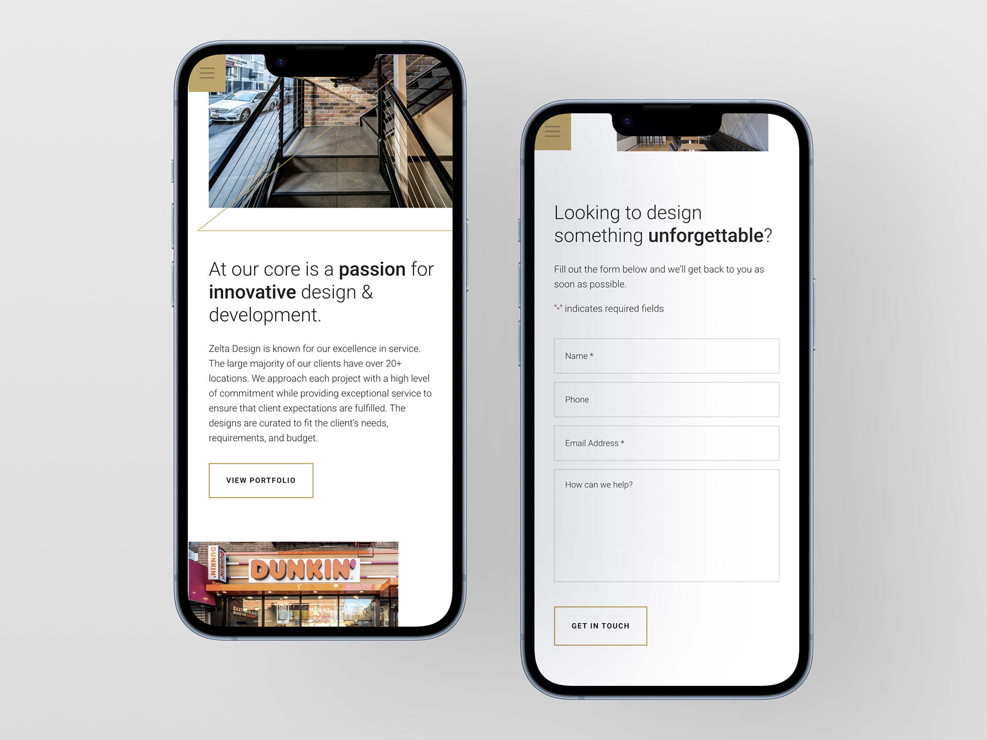 Two phones featuring screenshots of a mobile website with a minimalist design