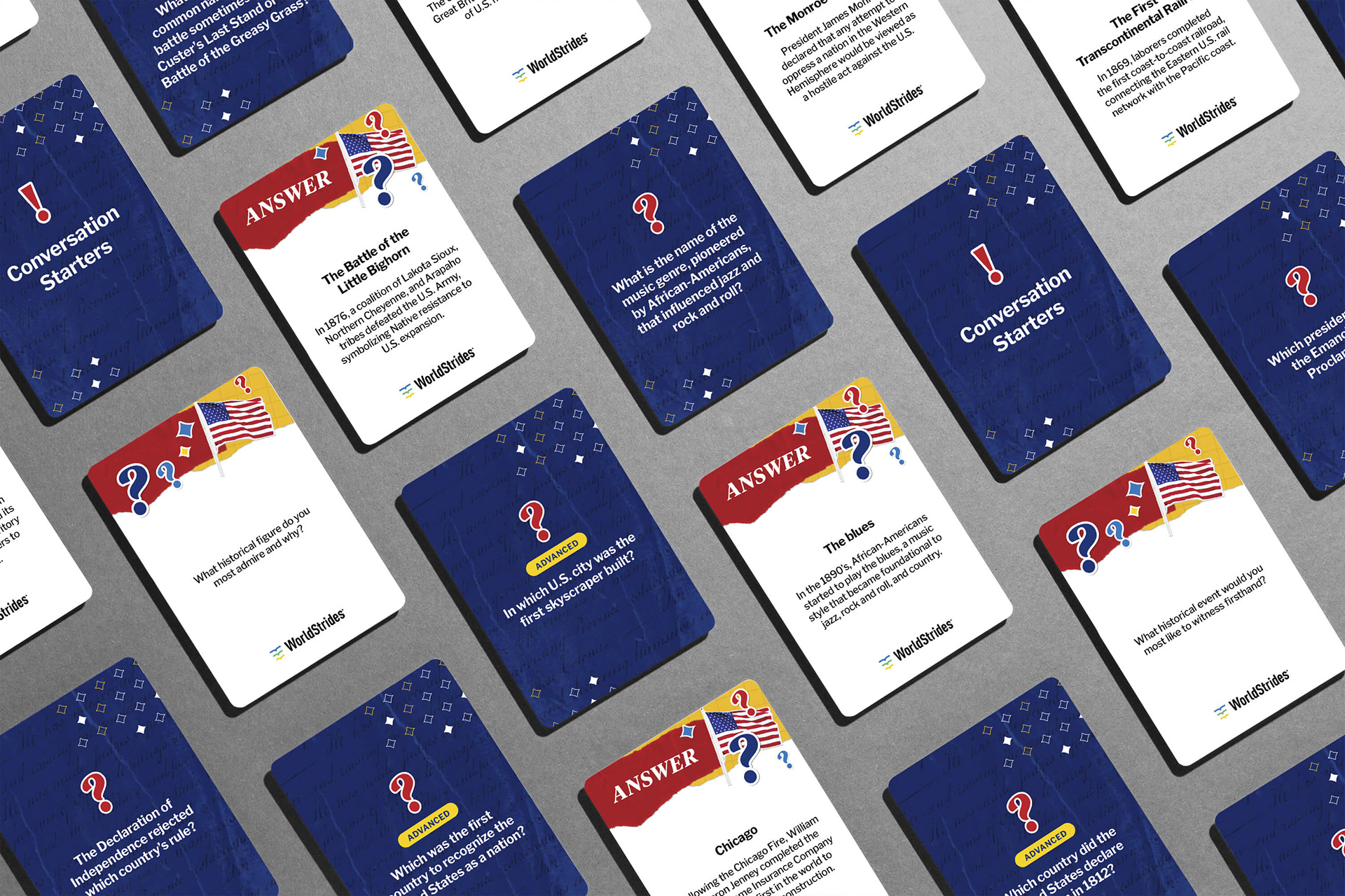 Flashcards featuring conversation starters and U.S. history questions for teachers and students