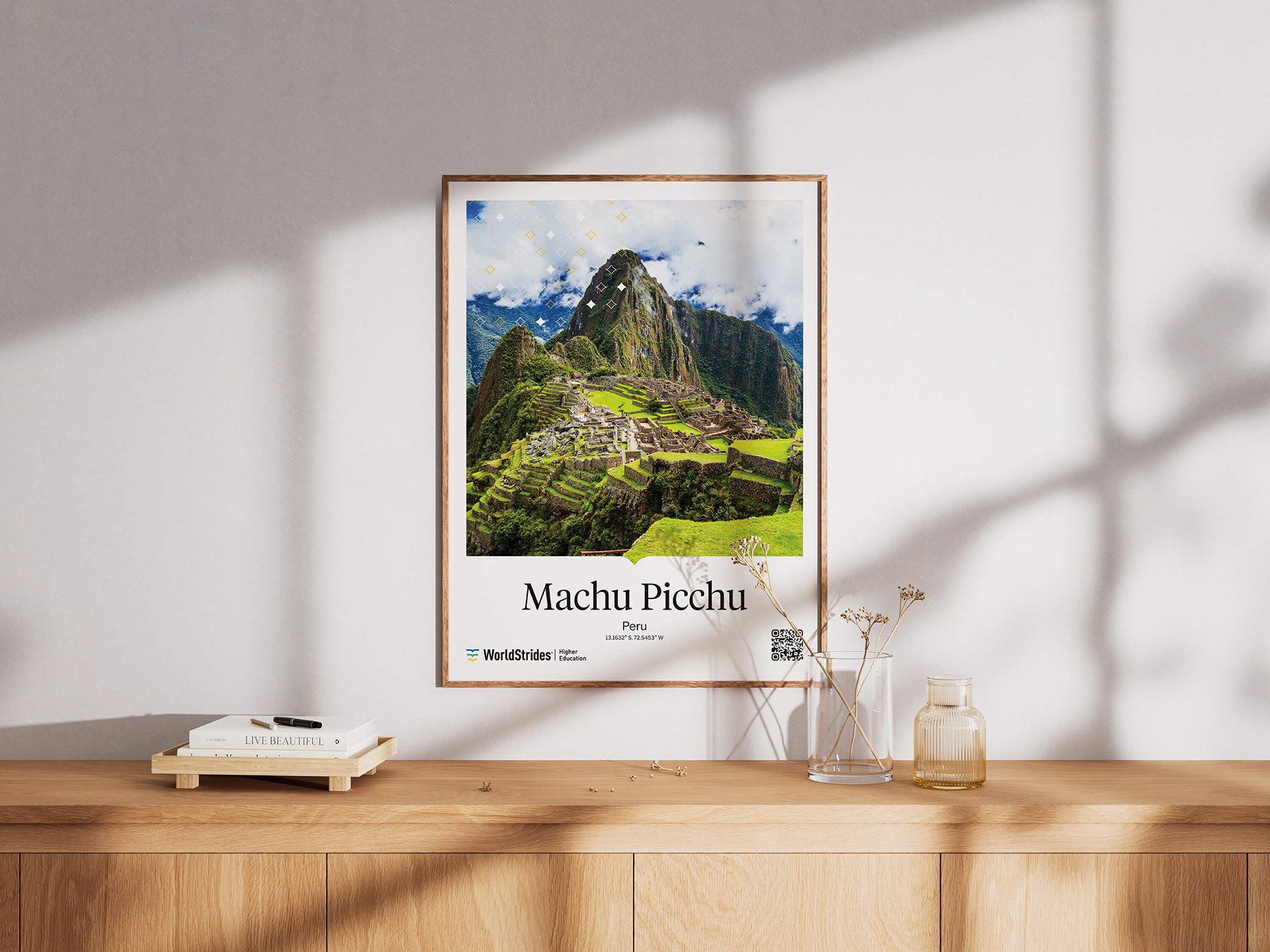 Poster on wall featuring image of Machu Picchu