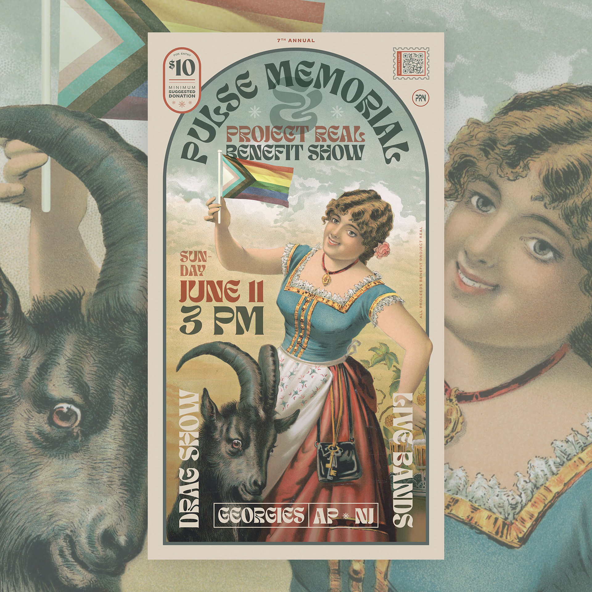 Poster for Pulse Memorial & Project REAL Benefit Show featuring a vintage illustration of a woman holding a pride flag.