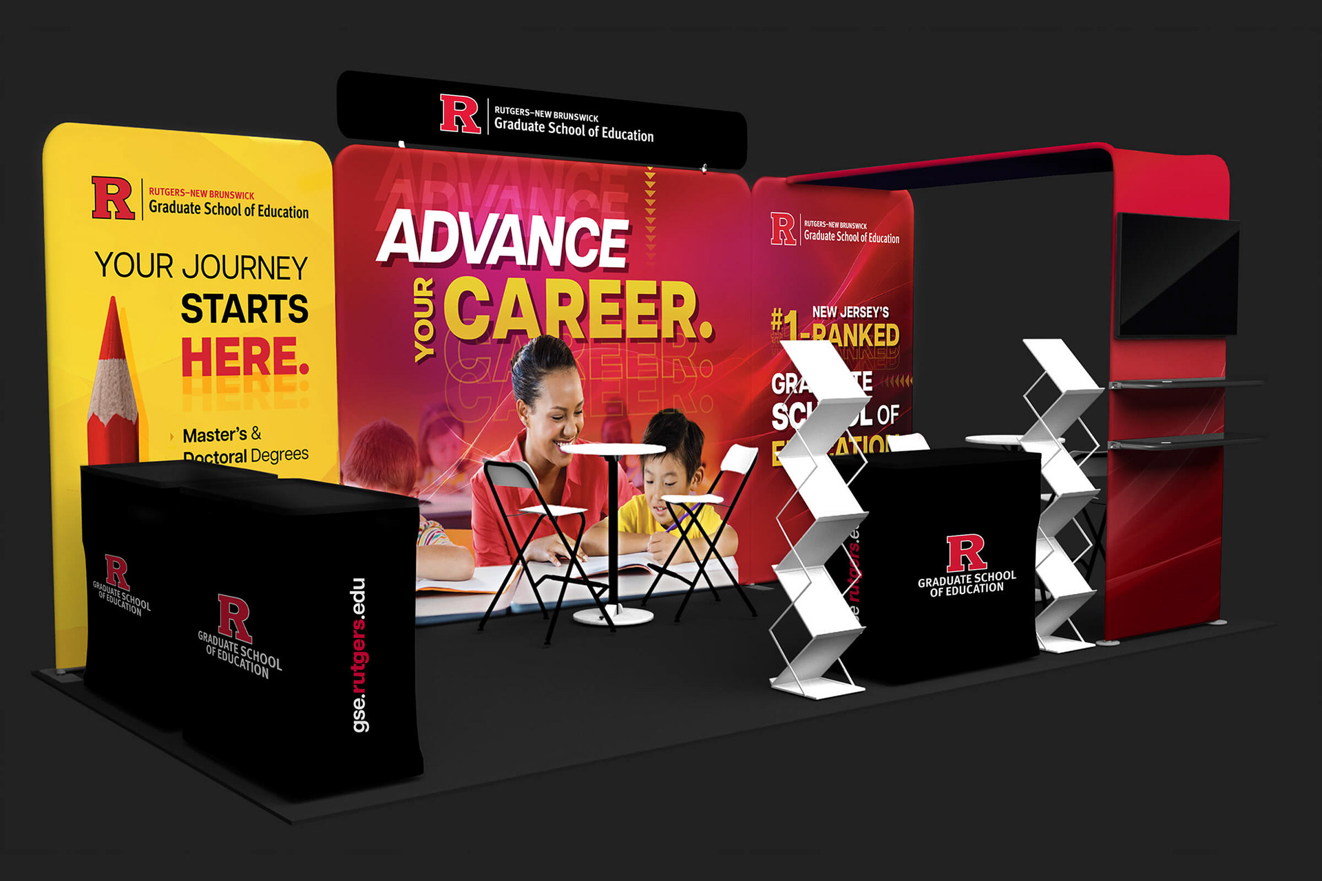 A tradeshow booth featuring bright colors and bold imagery and text