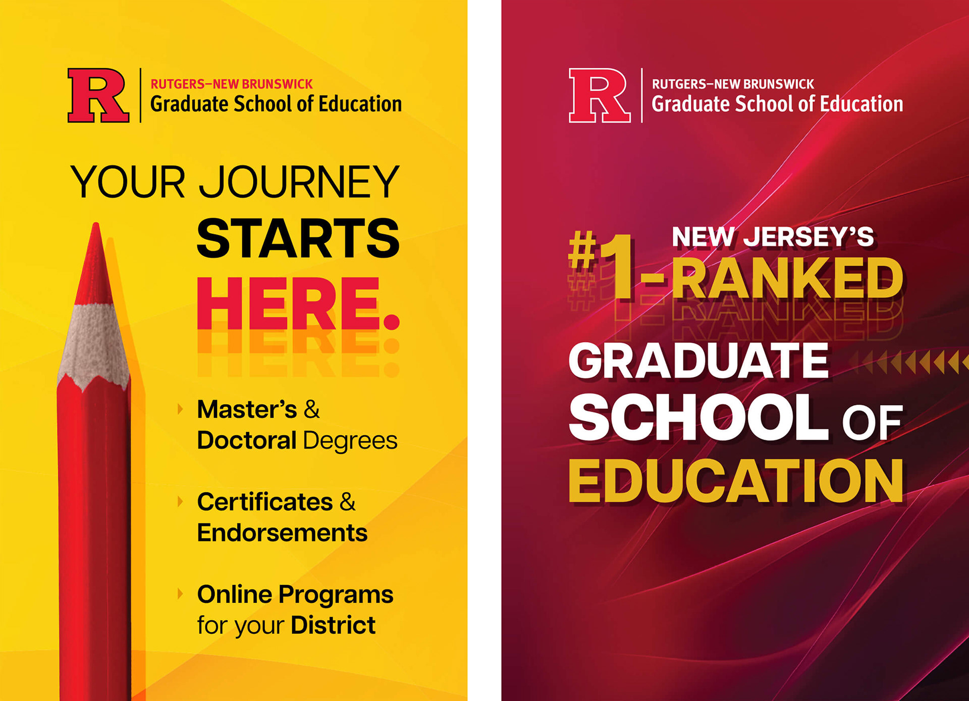 Two education tradeshow banners promoting the Rutgers Graduate School of Education