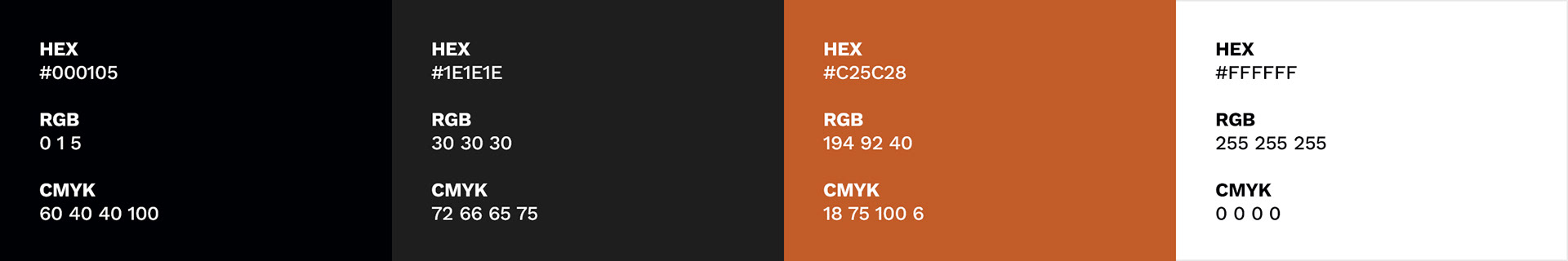 Four color swatches with HEX, RGB, and CMYK color values