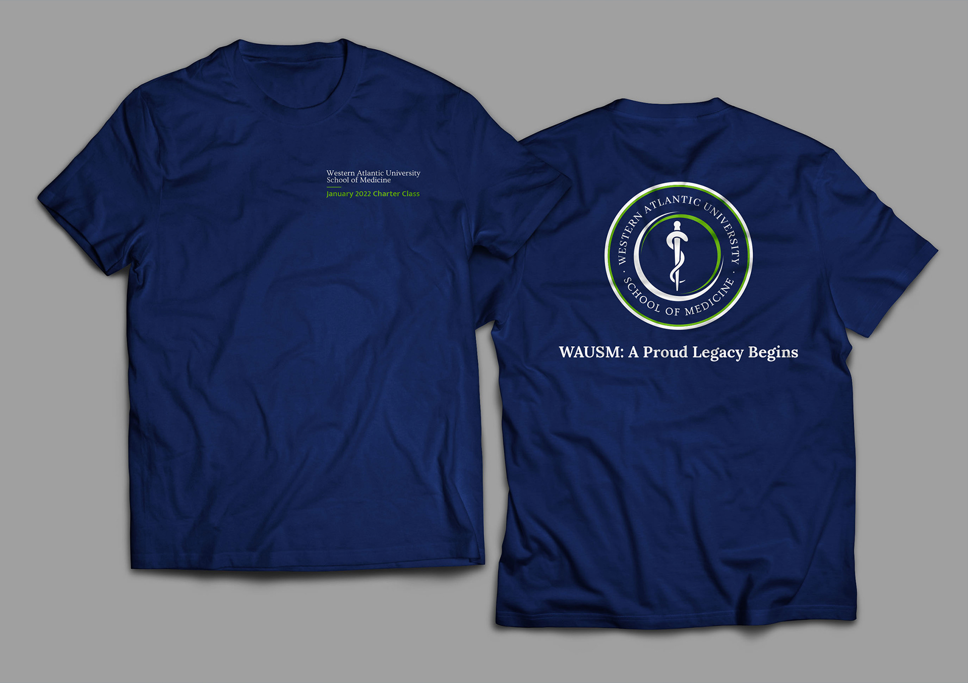 Front and back of a blue t-shirt featuring a left-chest and back design