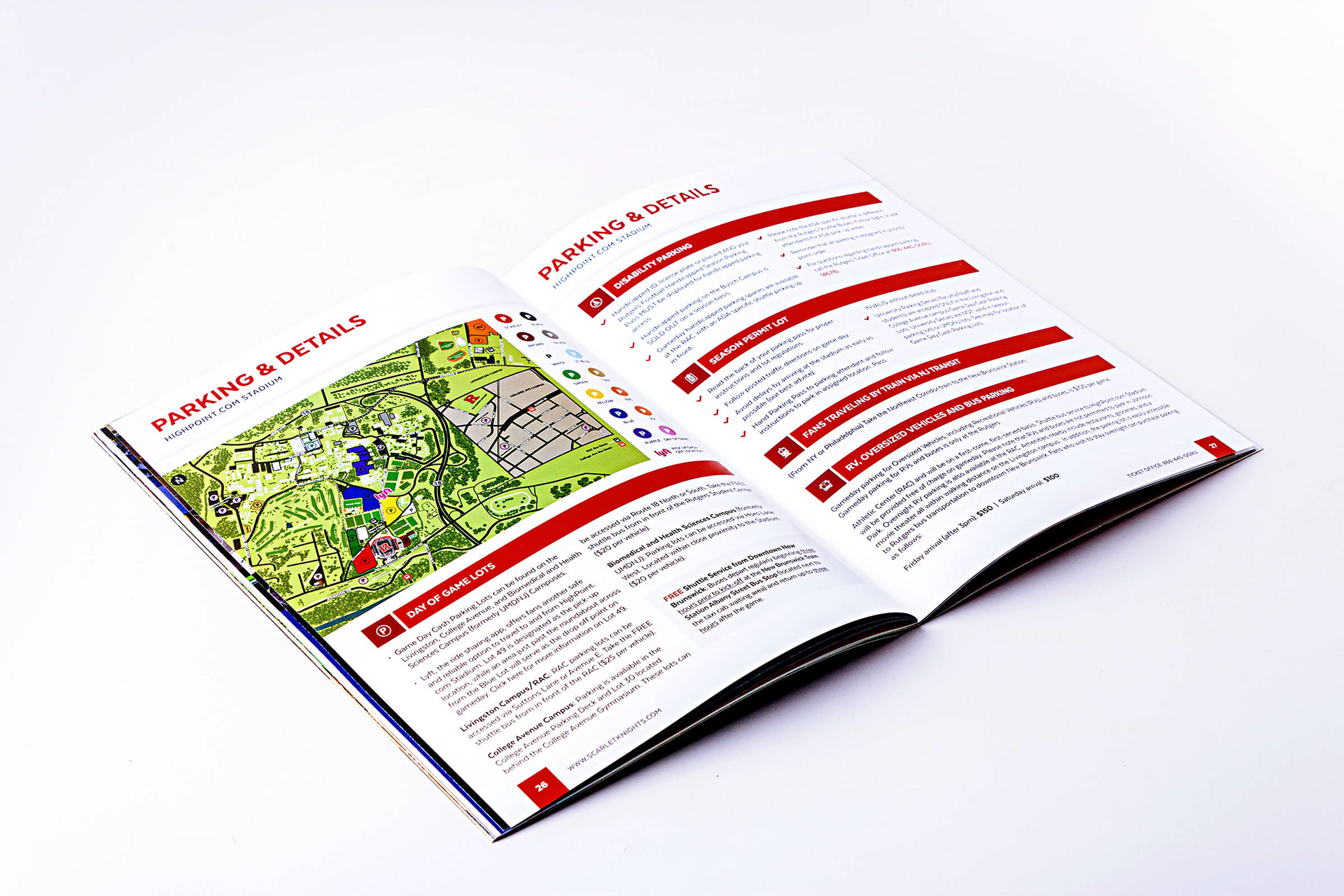 A booklet spread showing parking details