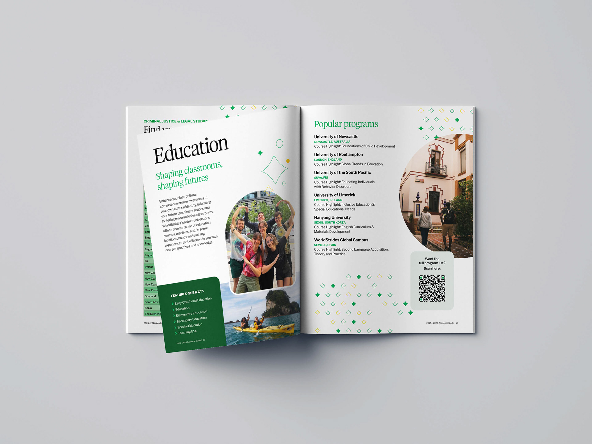 Booklet spread with photos and text highlighting study abroad programs