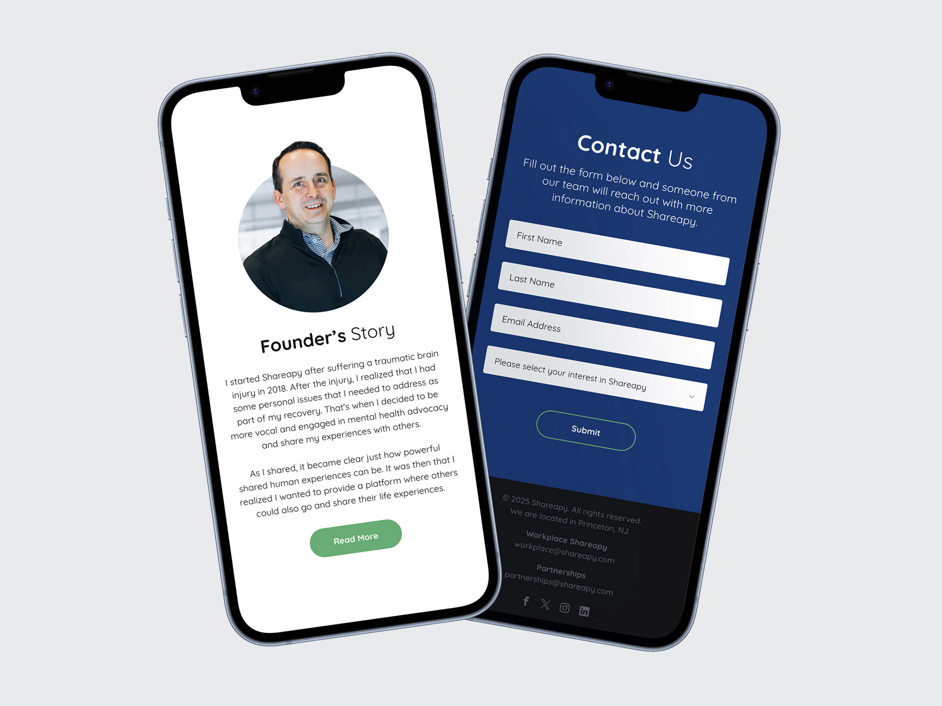 Two phones featuring screenshots from a mobile website