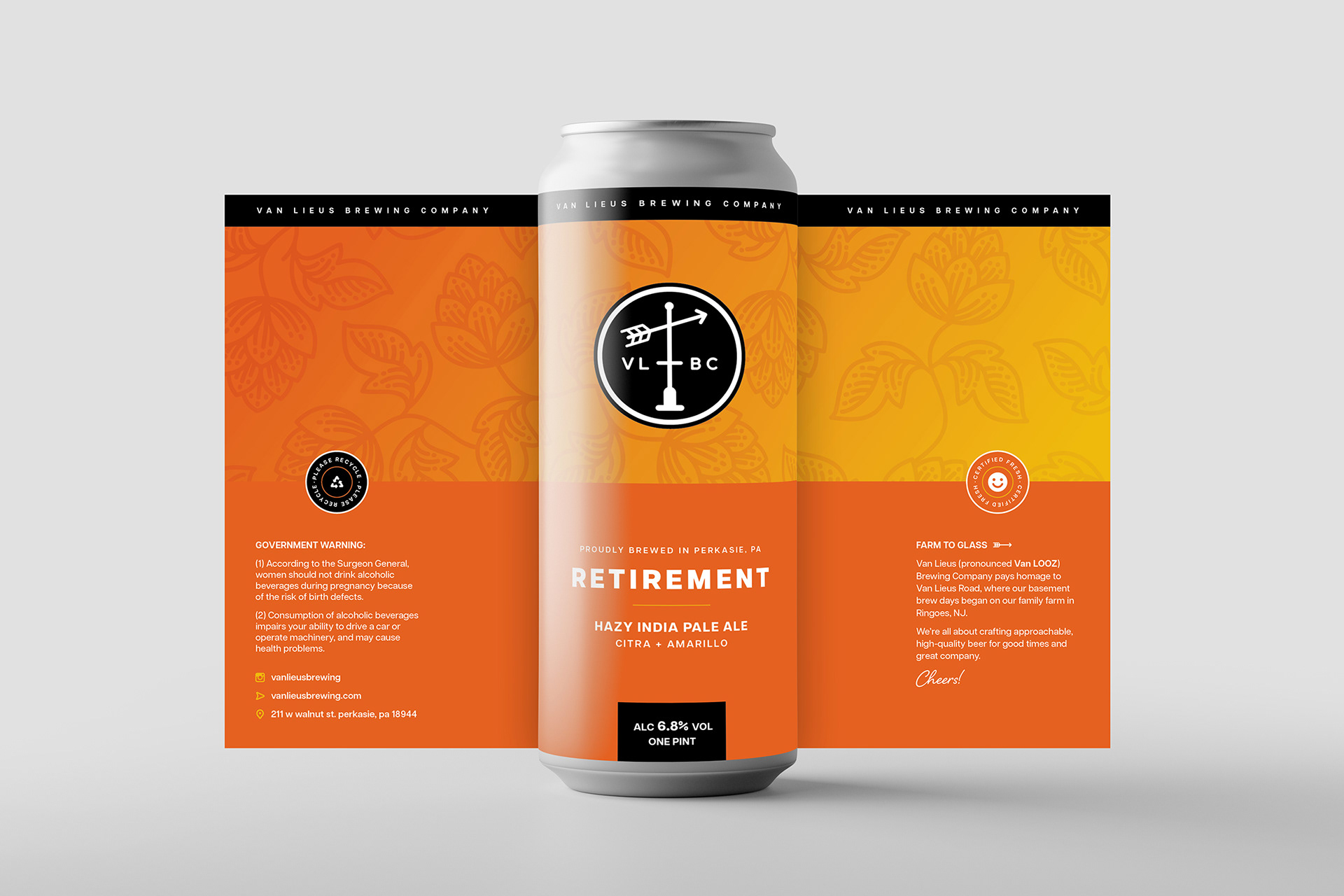 A beer can with the label design behind it