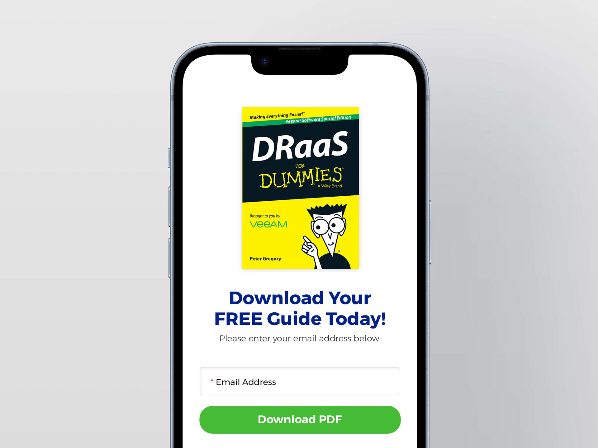 Phone featuring a form to download a "DRaaS for Dummies" PDF Guide